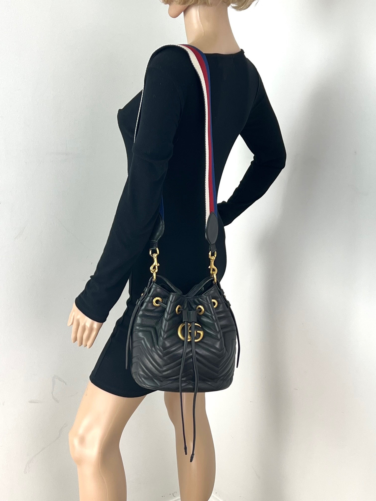 Gucci Handbag Sylvie Web GG Marmont Black Leather Matelasse Bucket Bag - 3