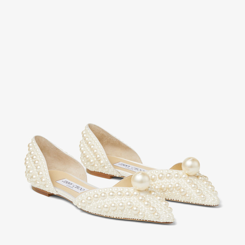 Sabine Flat White Satin Flats with All-Over Pearl Embellishment 3