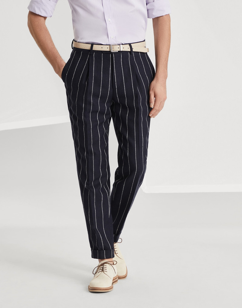 Slubbed linen and cotton chalk stripe canvas leisure fit trousers with pleat - 1