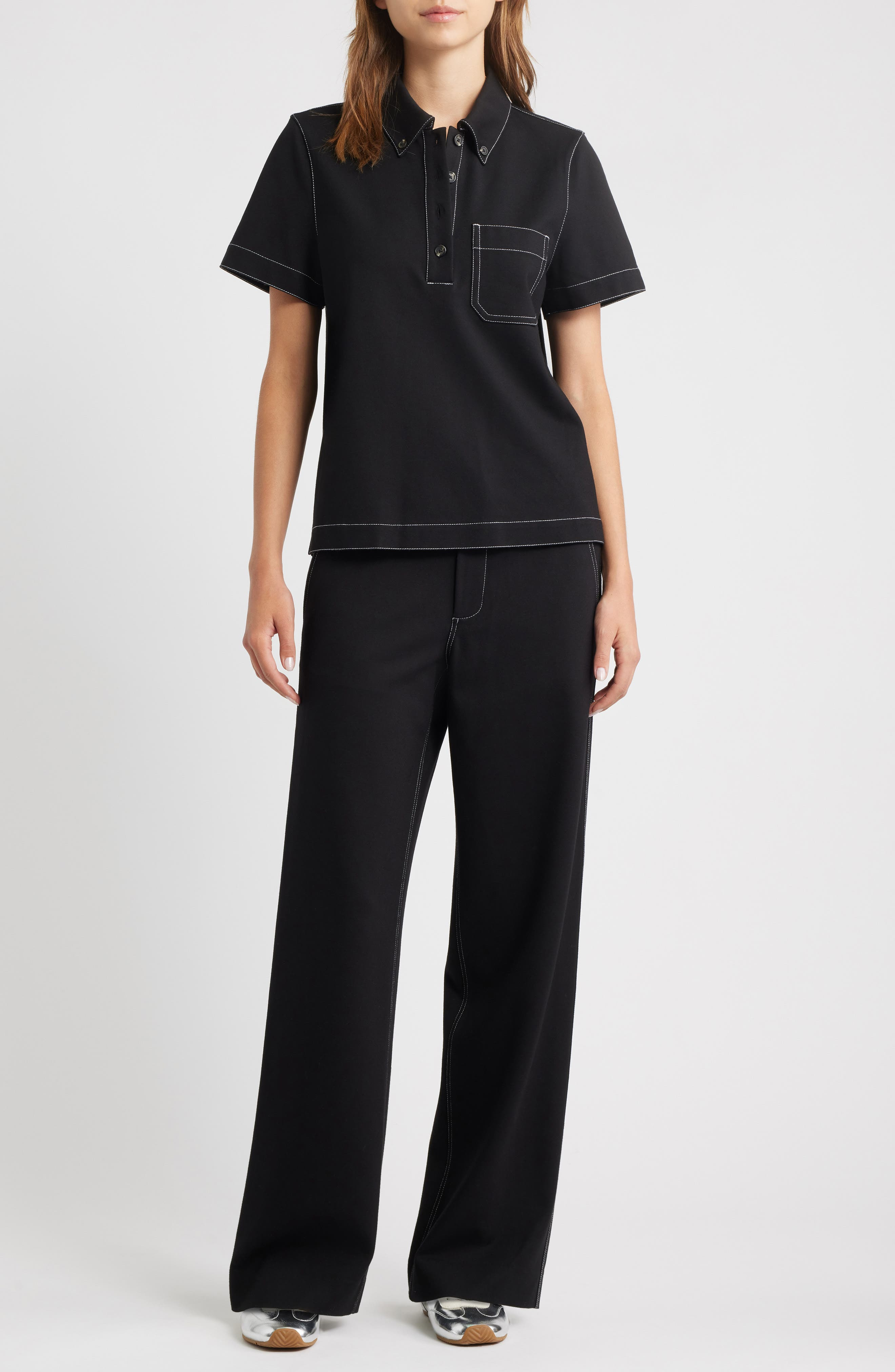 rag & bone Irina Contrast Stitch Button-Down Polo in Black at Nordstrom - 7