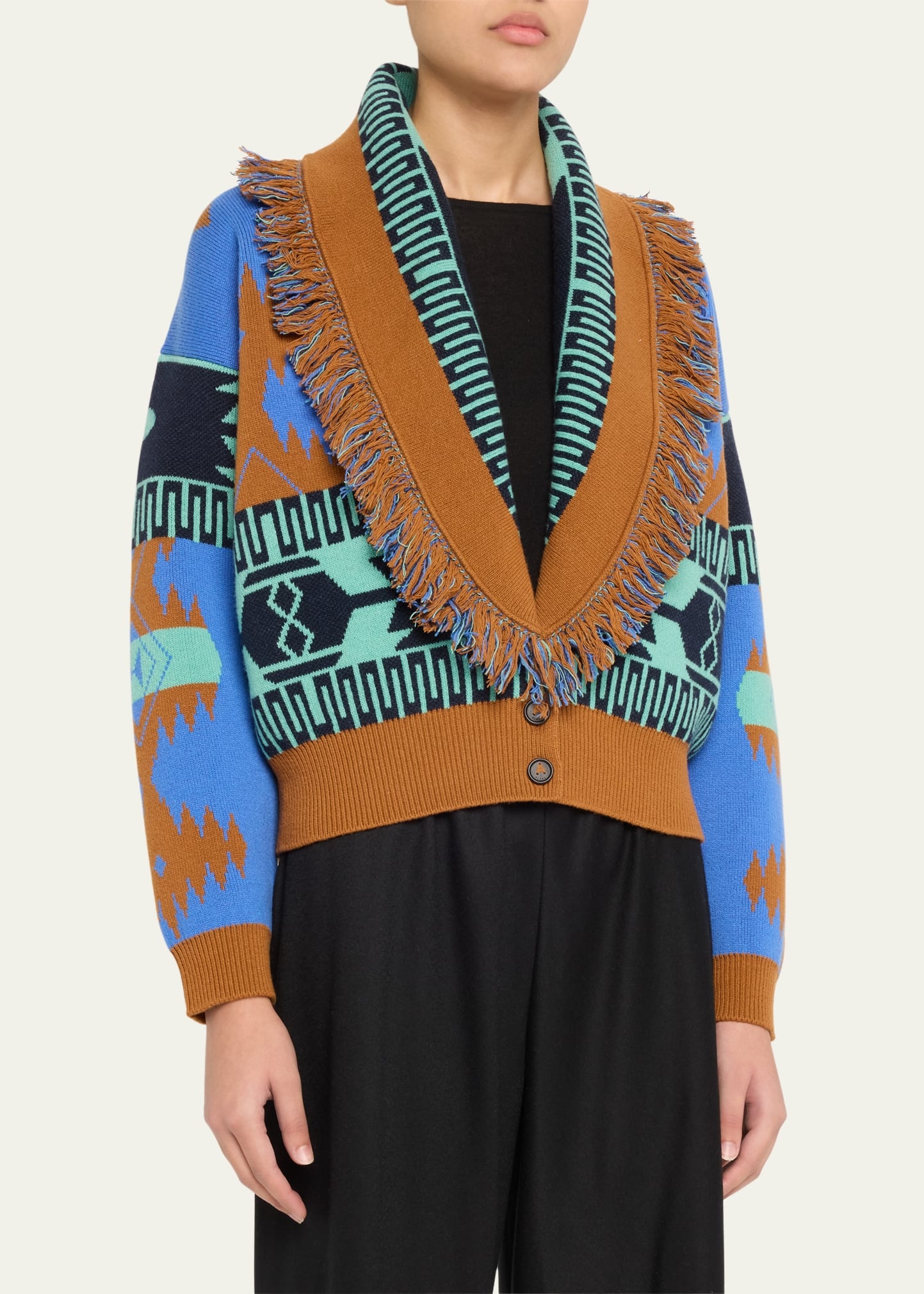 Icon Jacquard Fringe Wool Cashmere Bomber Cardigan - 4