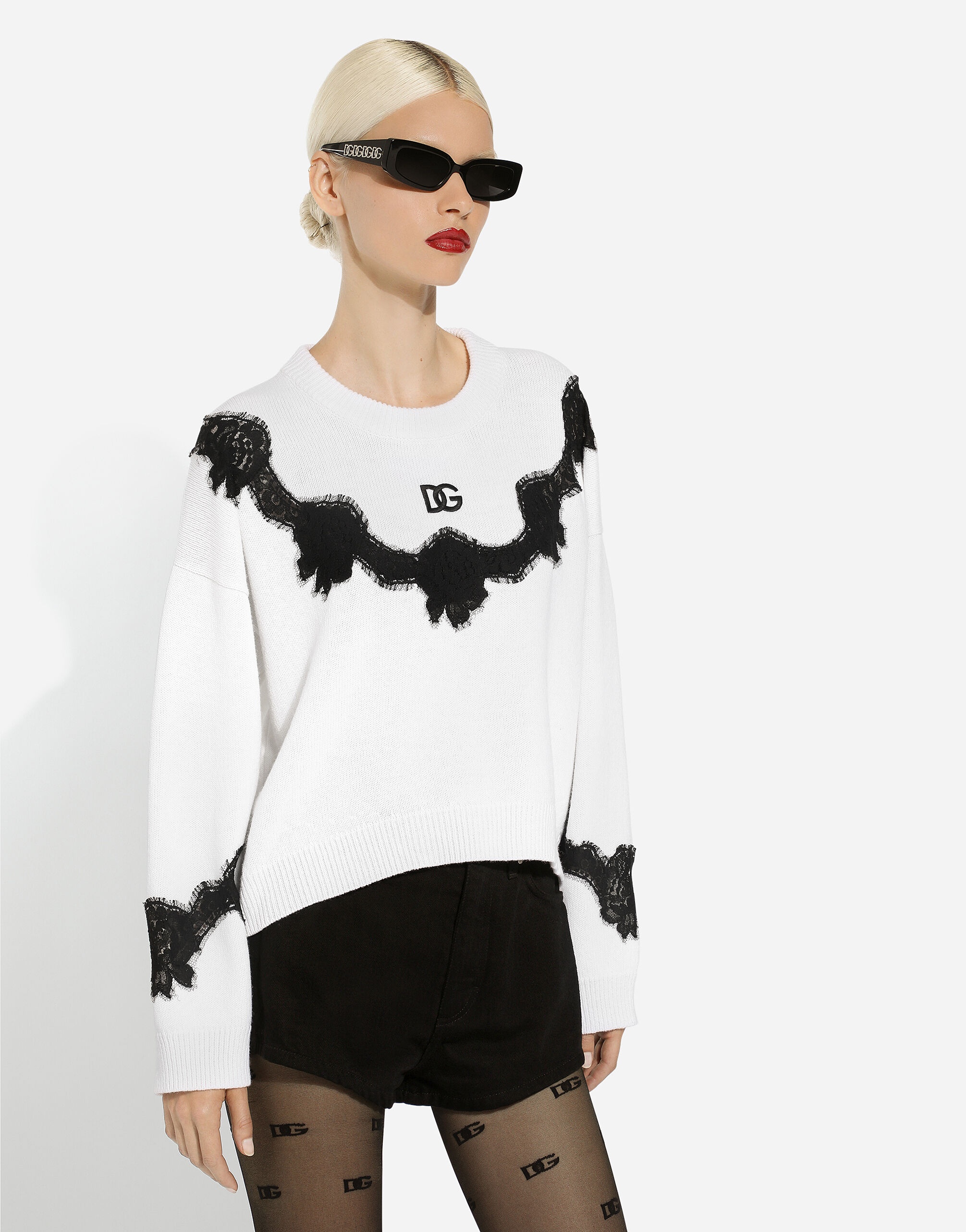 Wool sweater with DG logo and lace inserts - 4