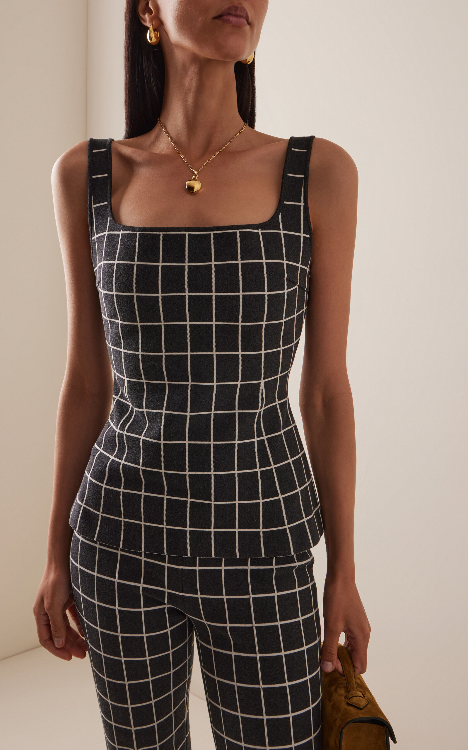 Inna Windowpane Cotton-Blend Knit Top dark grey - 2