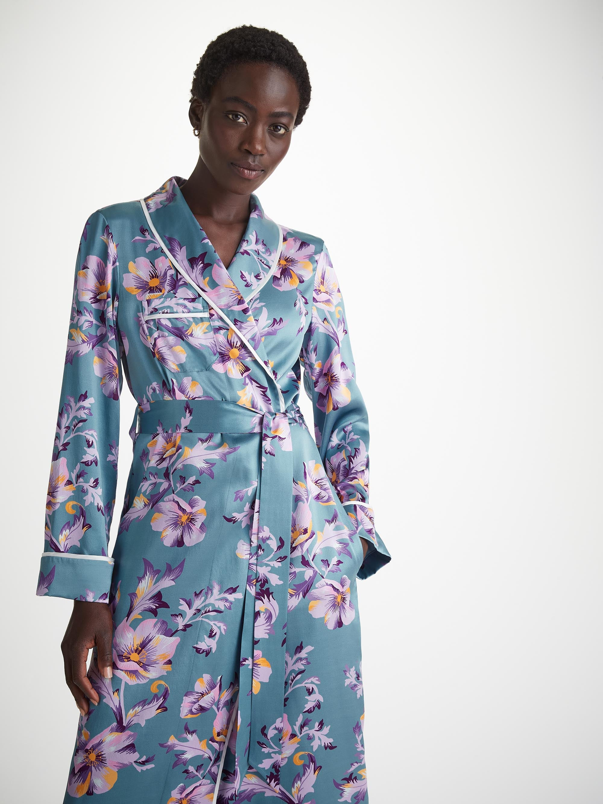 Women's Long Robe Silk Satin Blue Wildflower Pattern - 5