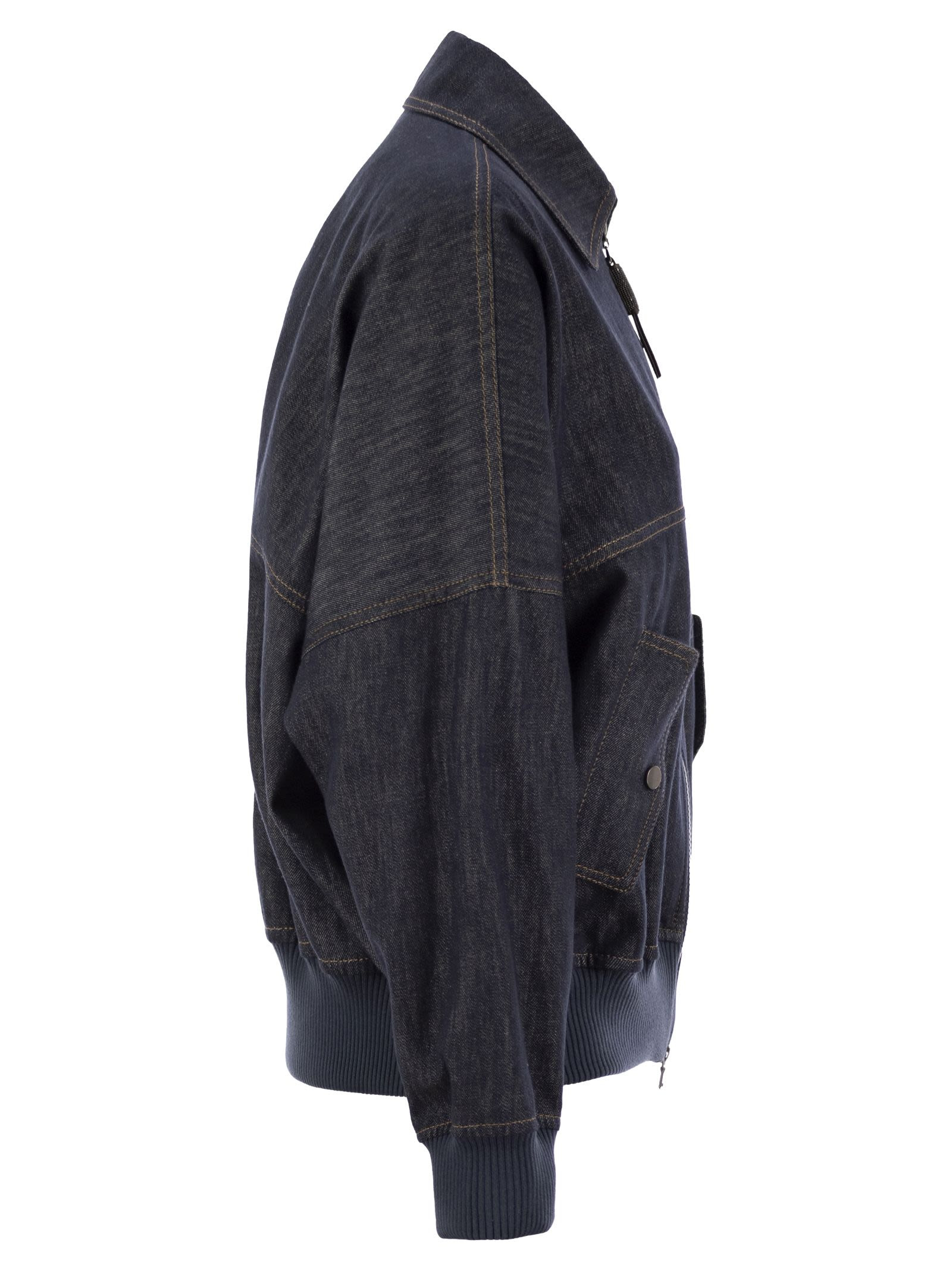 Brunello Cucinelli Women Denim-Effect Twill Bomber Jacket With Shiny Zip - 3