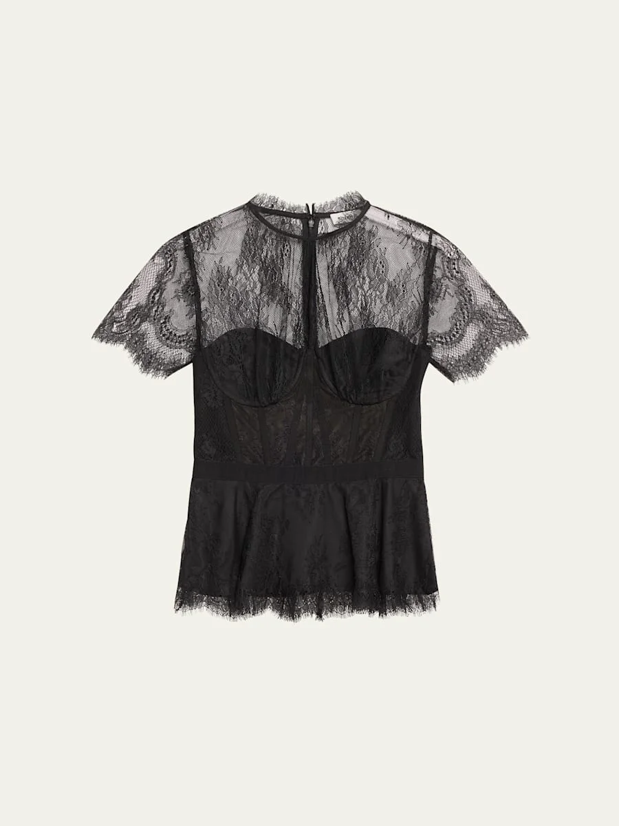 Kehlani Sheer Lace Short-Sleeve Peplum Bustier Top - 1
