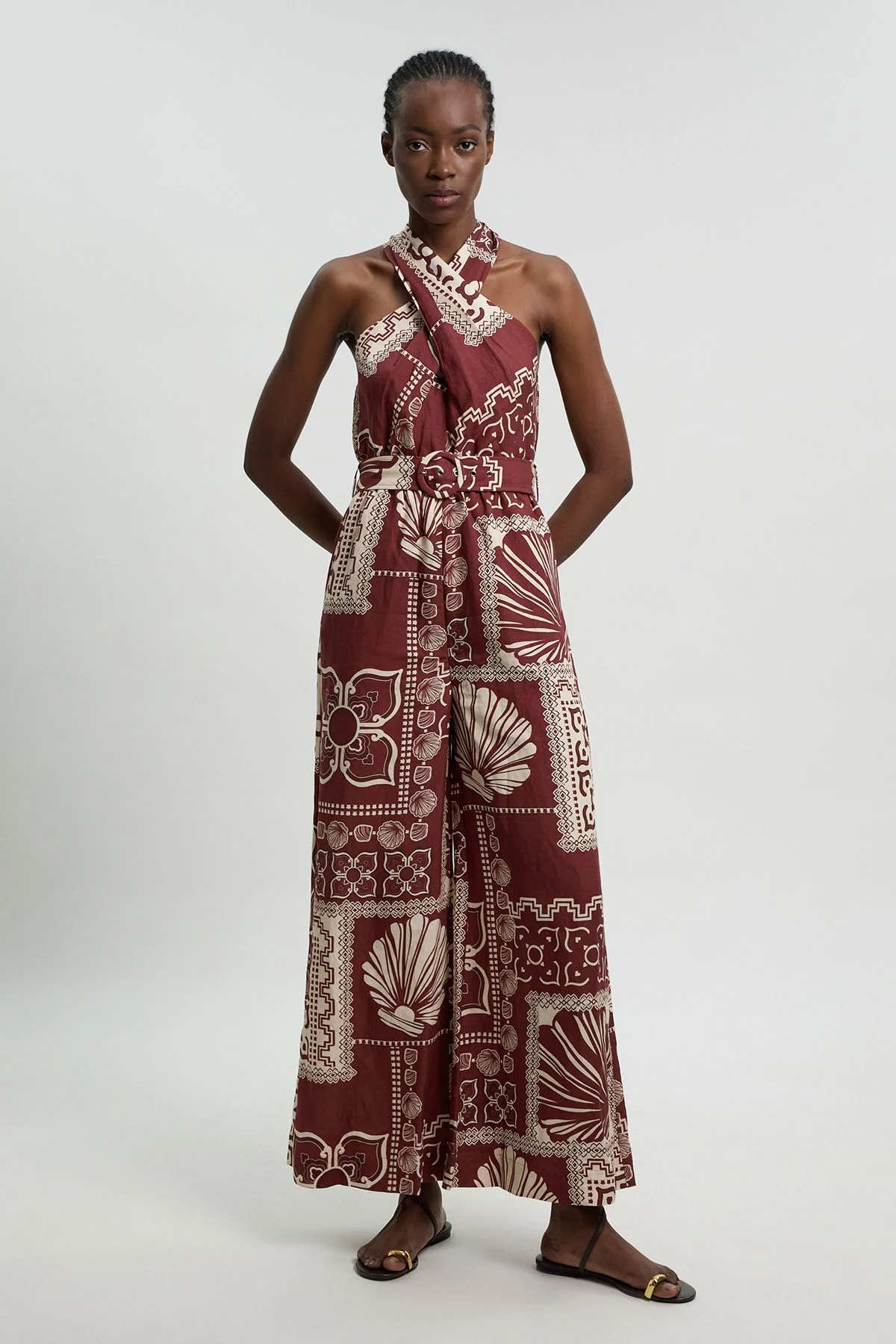 Petite Linen viscose tile print belted woven jumpsuit - 1