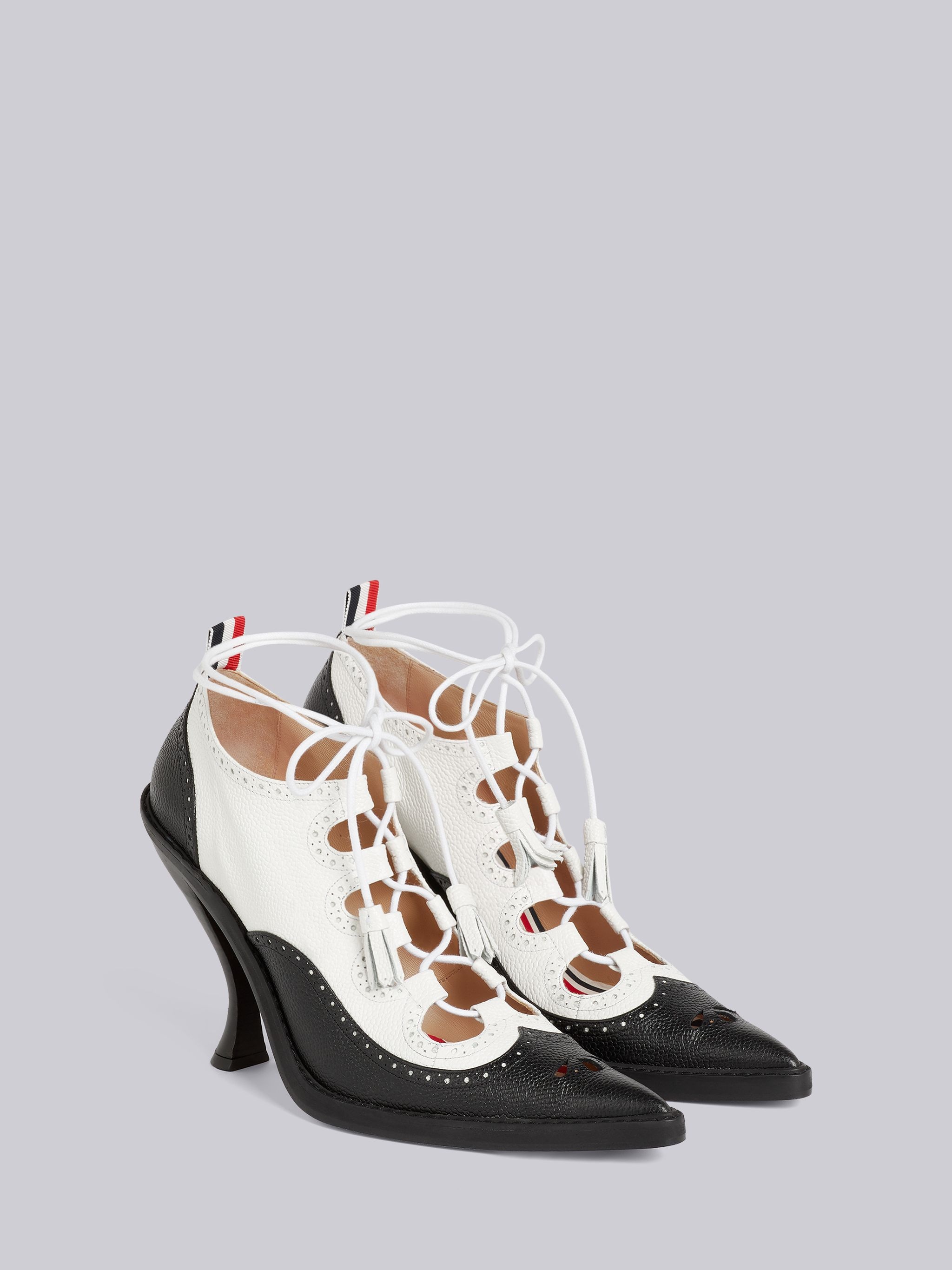 Black and White Pebbled Calfskin Ghillie Brogue Curved High Heel - 3