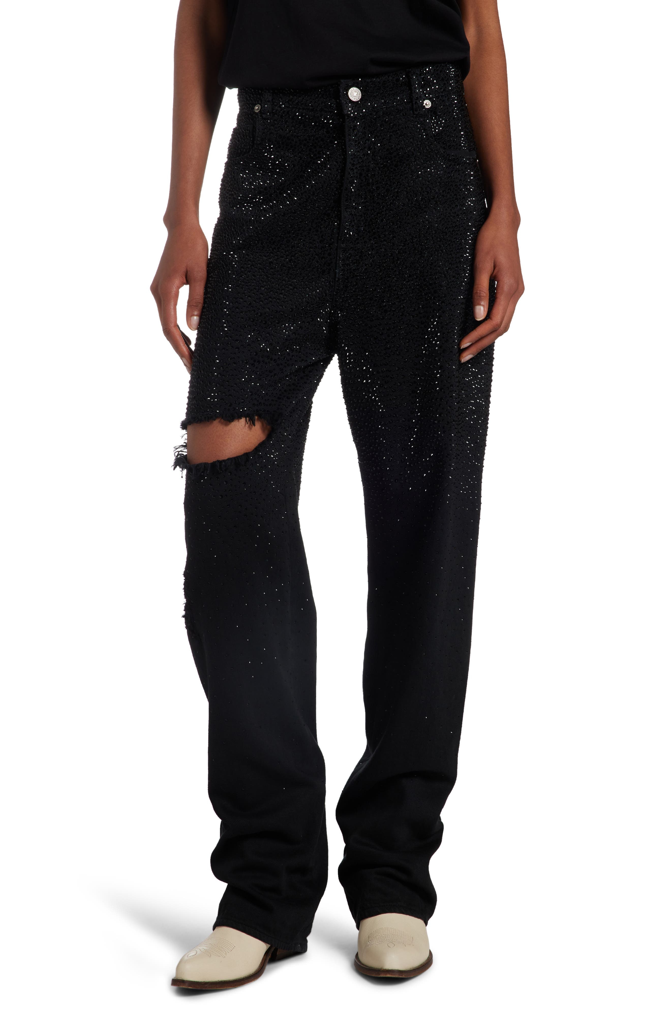 Crystal Embellished Ripped Straight Leg Jeans - 1