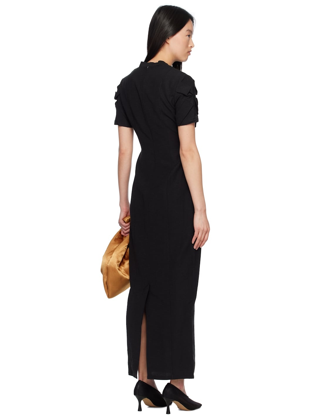 Black Smocked Flower Midi Dress - 3