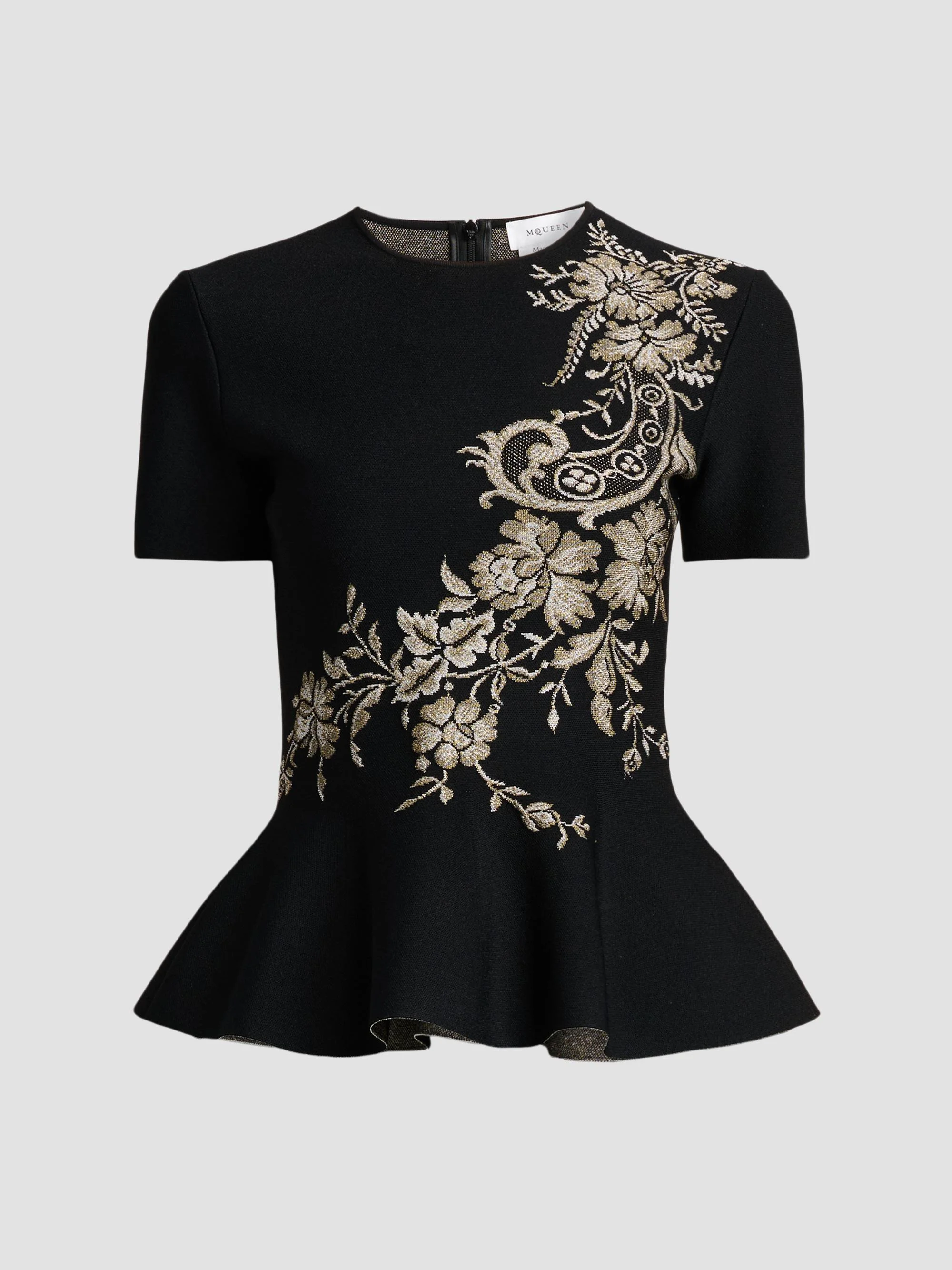 Women's Asymmetric Jacquard Peplum Top - Black Silver Gold - 1