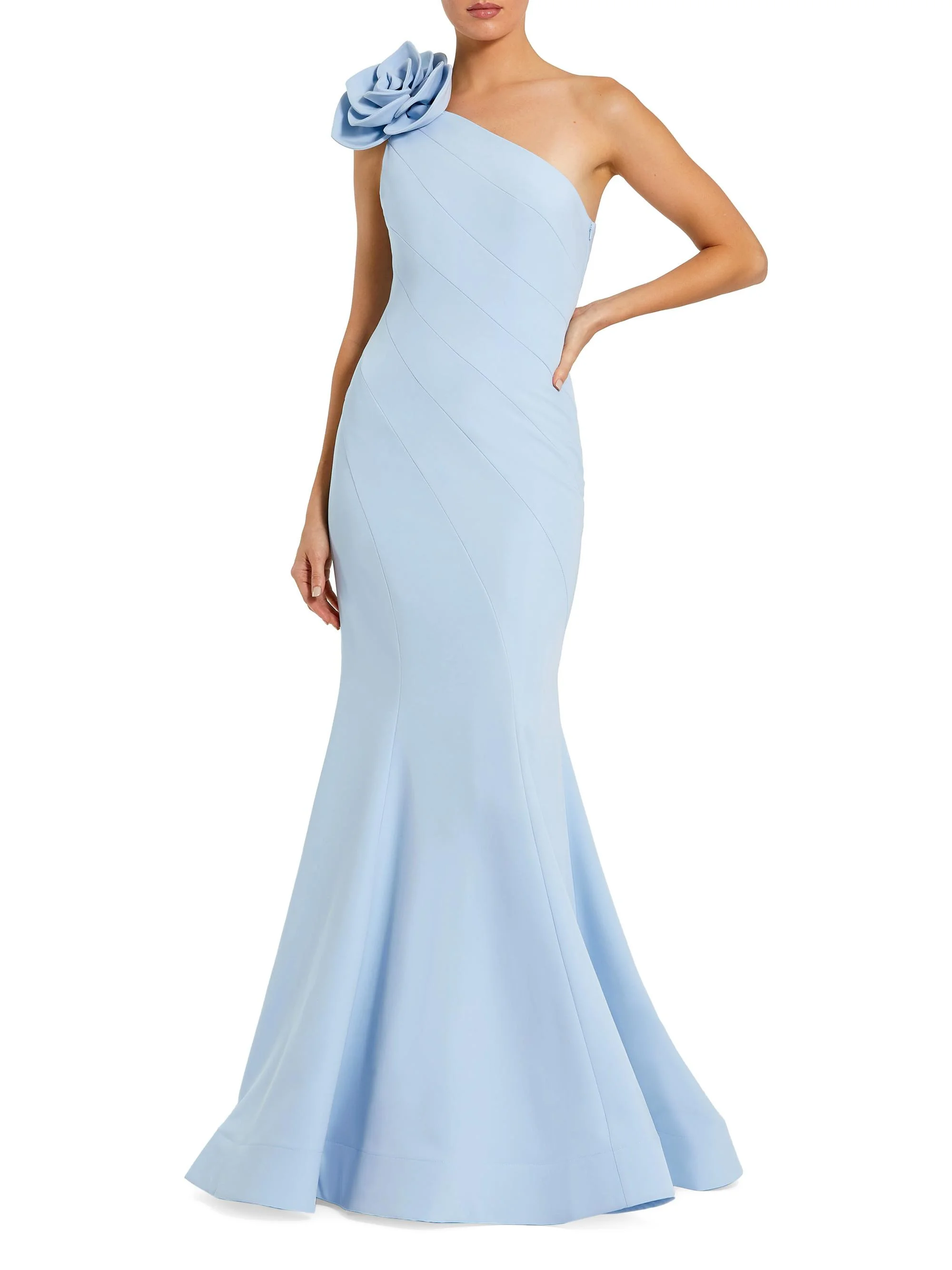 Women's Flower-Detailed Crepe One-Shoulder Mermaid Gown - Powder Blue - 1