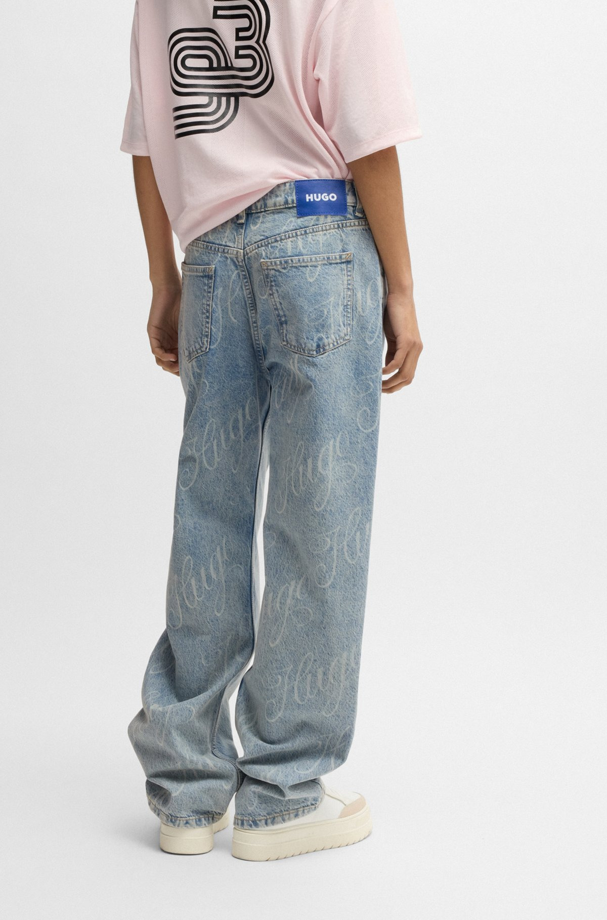 STRAIGHT-FIT JEANS IN BLUE DENIM WITH PRINTED LOGOS - 4