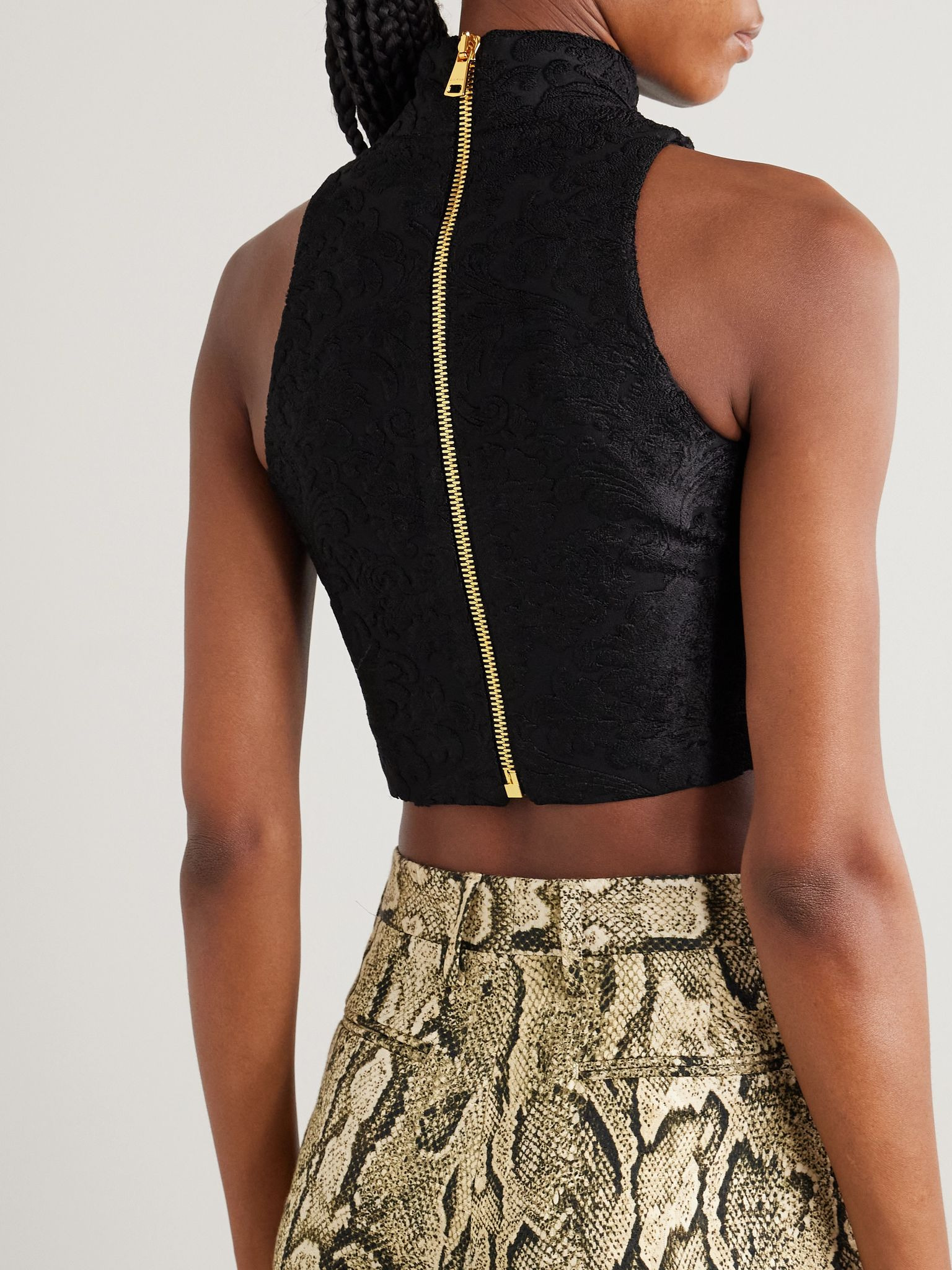 Cropped button-embellished jacquard top Black - 3