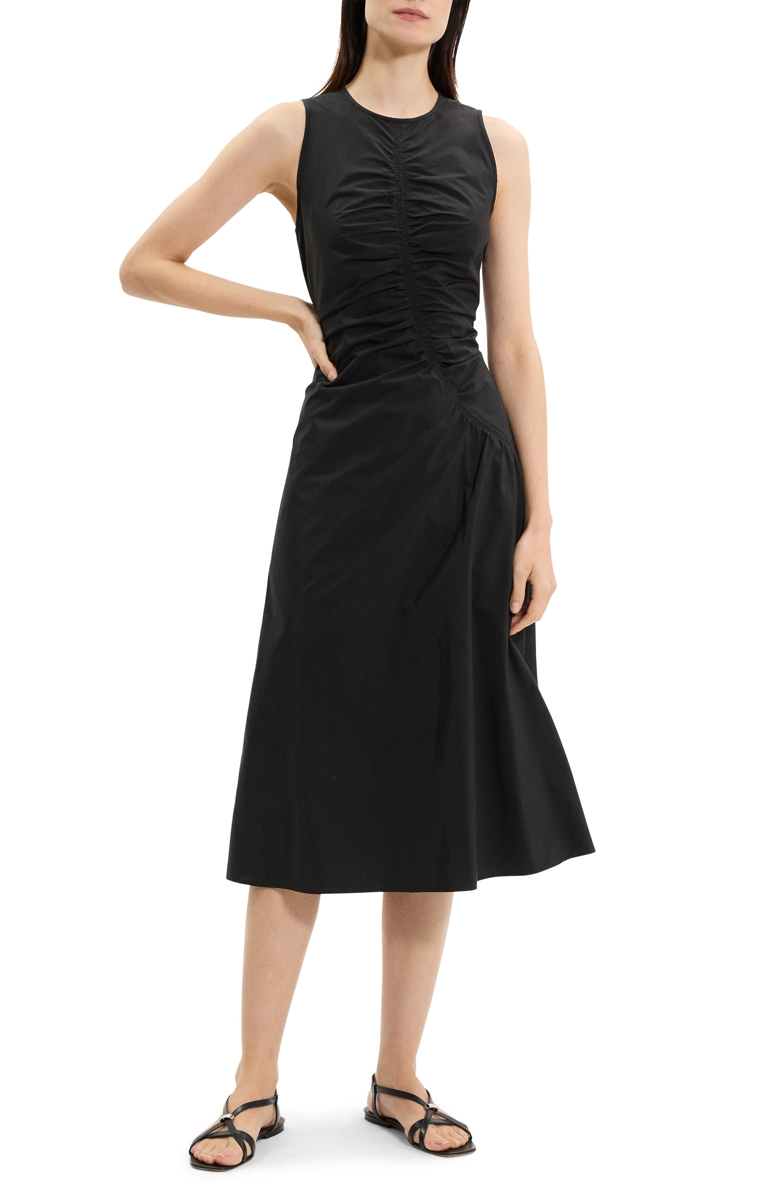 Theory Asymmetric Ruched Sleeveless Midi Dress in Black at Nordstrom - 1