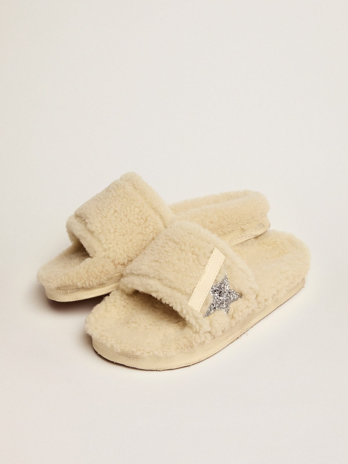 Beige shearling Poolstars with silver glitter star - 2