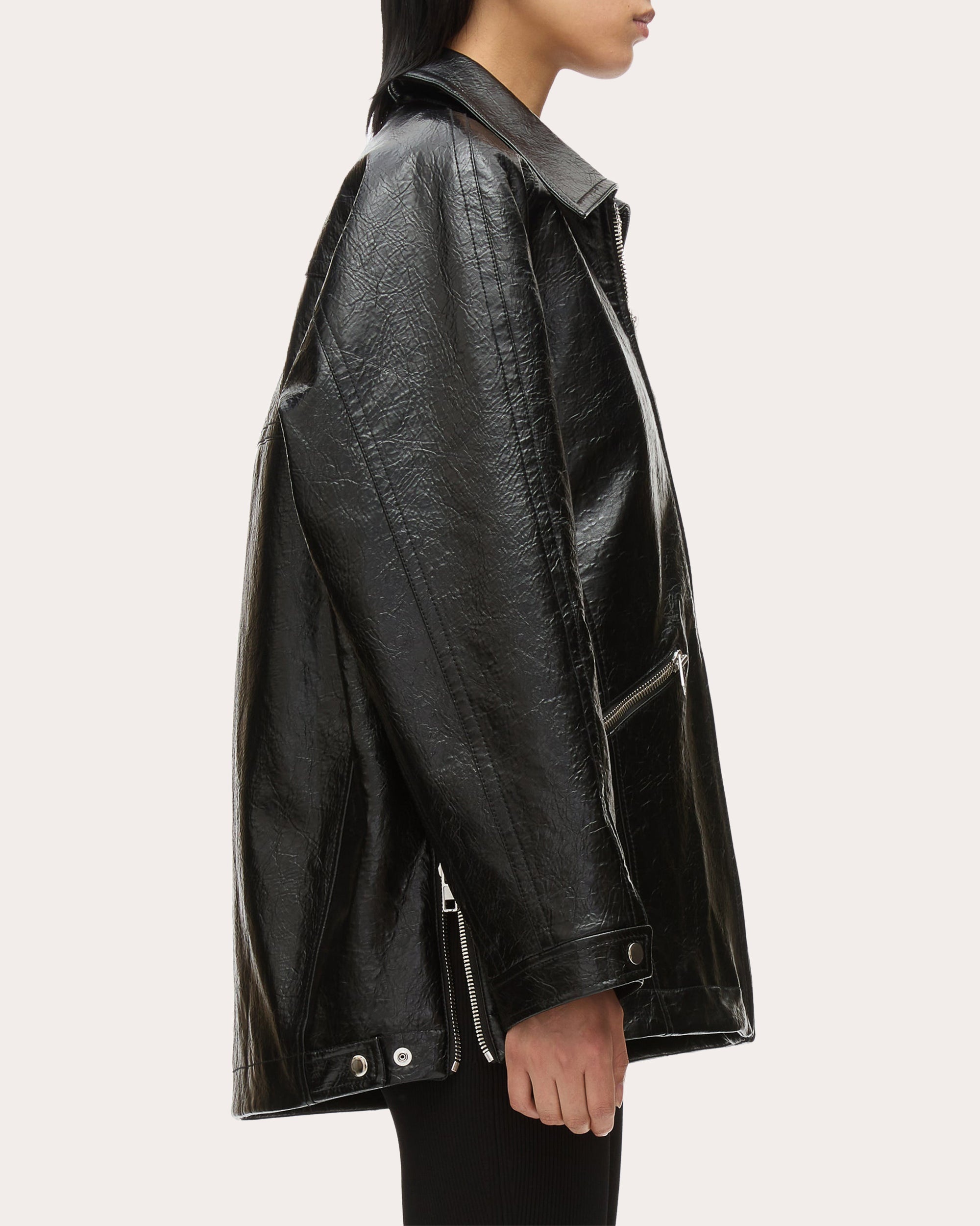 Zipper-Embellished Faux Leather Jacket - 3