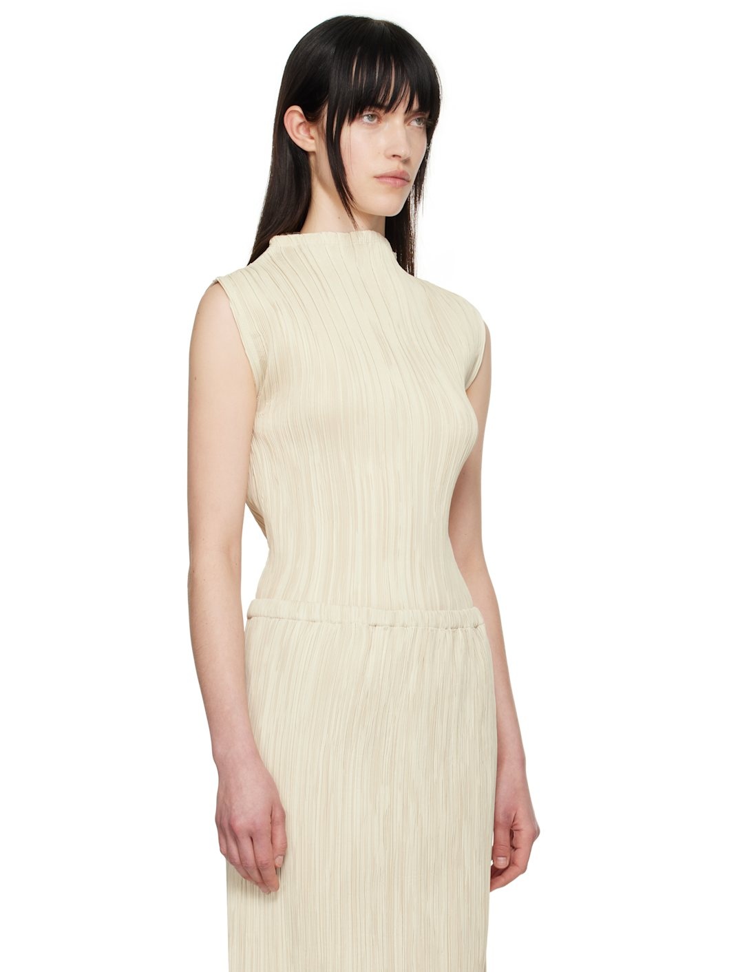 Beige Pleated Mock Neck Sleeveless Top - 2