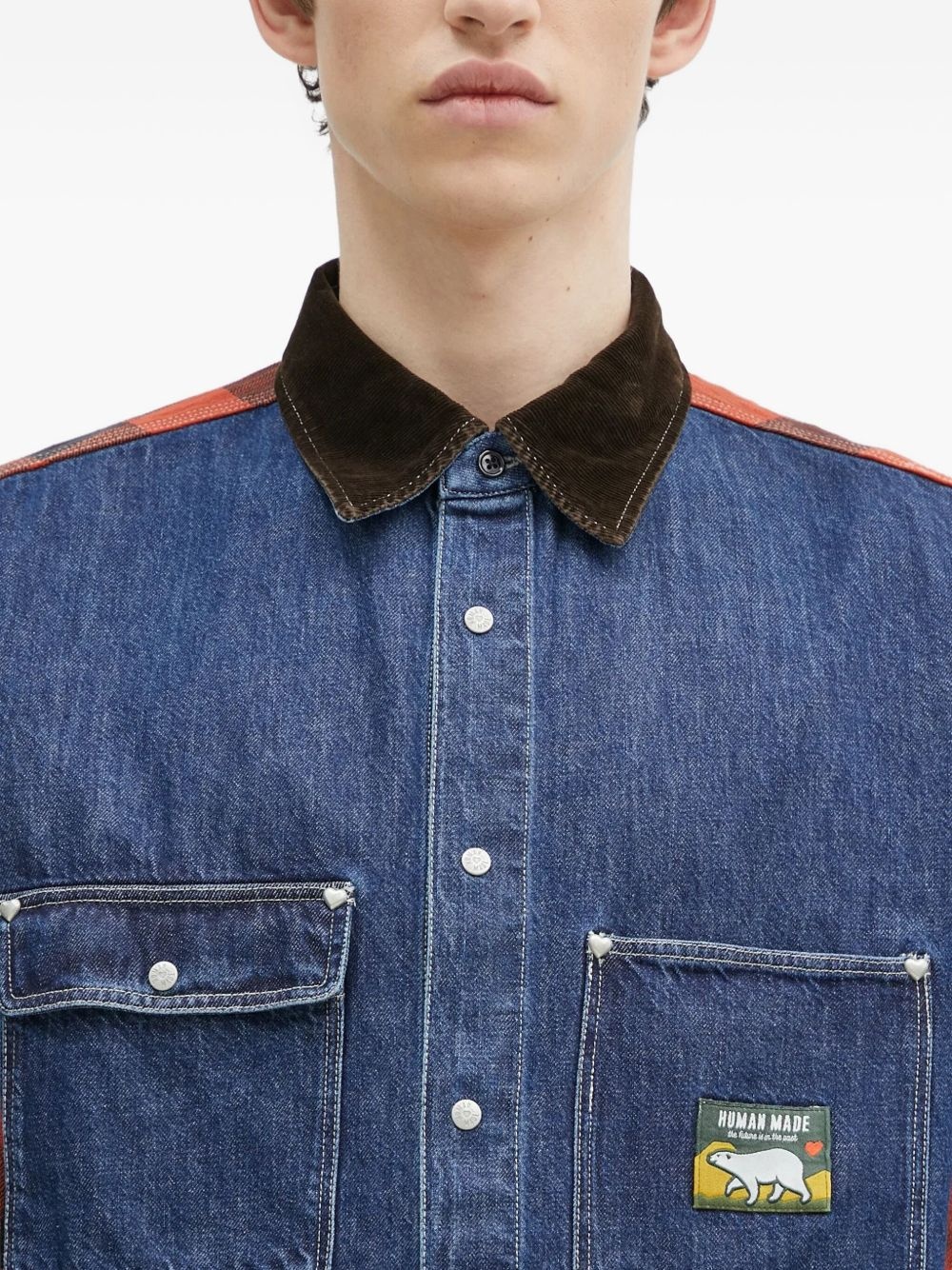 denim plaid panelled shirt - 4