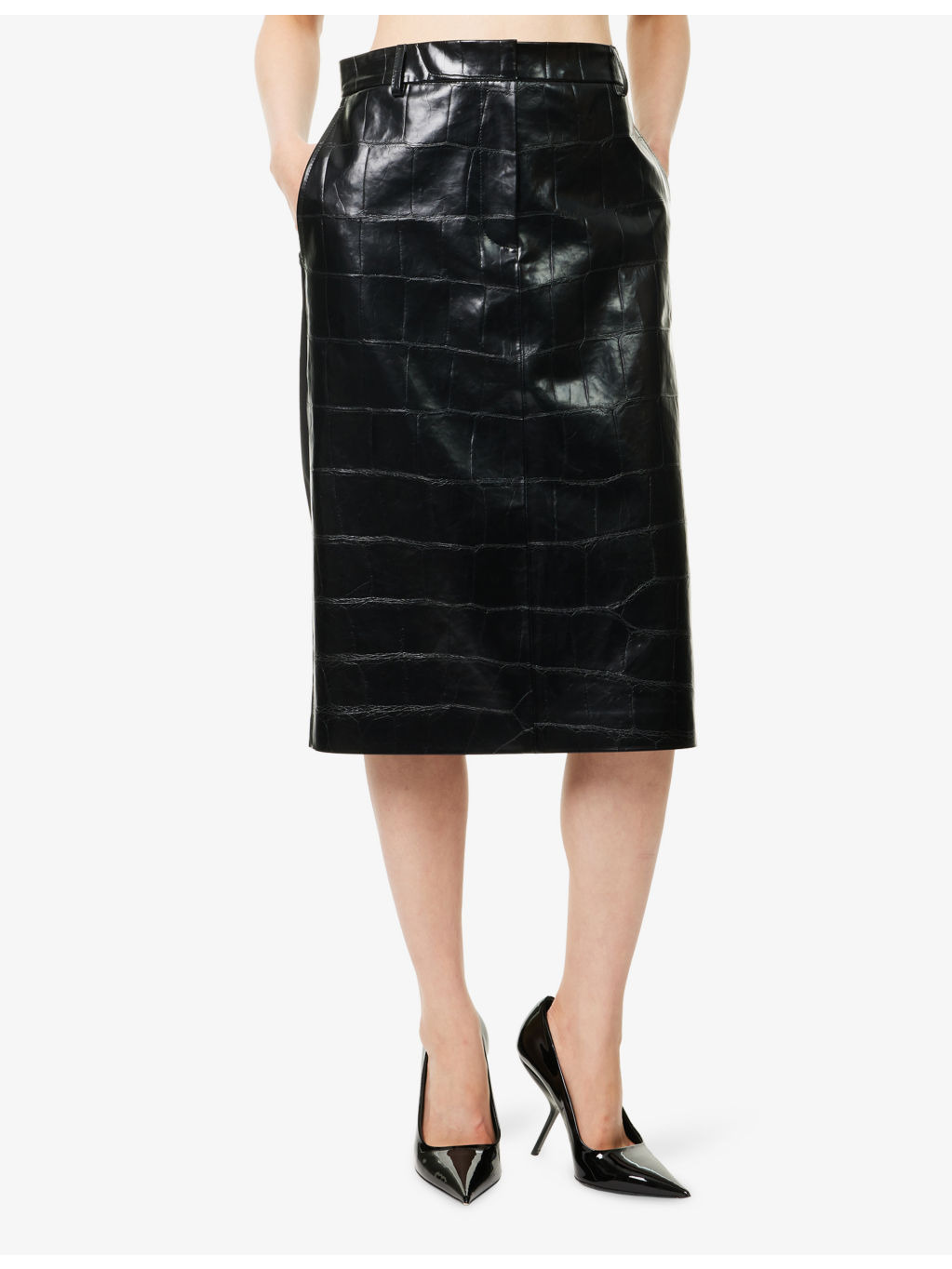 Panelled Crocodile-Embossed Faux-Leather Midi Skirt - 3