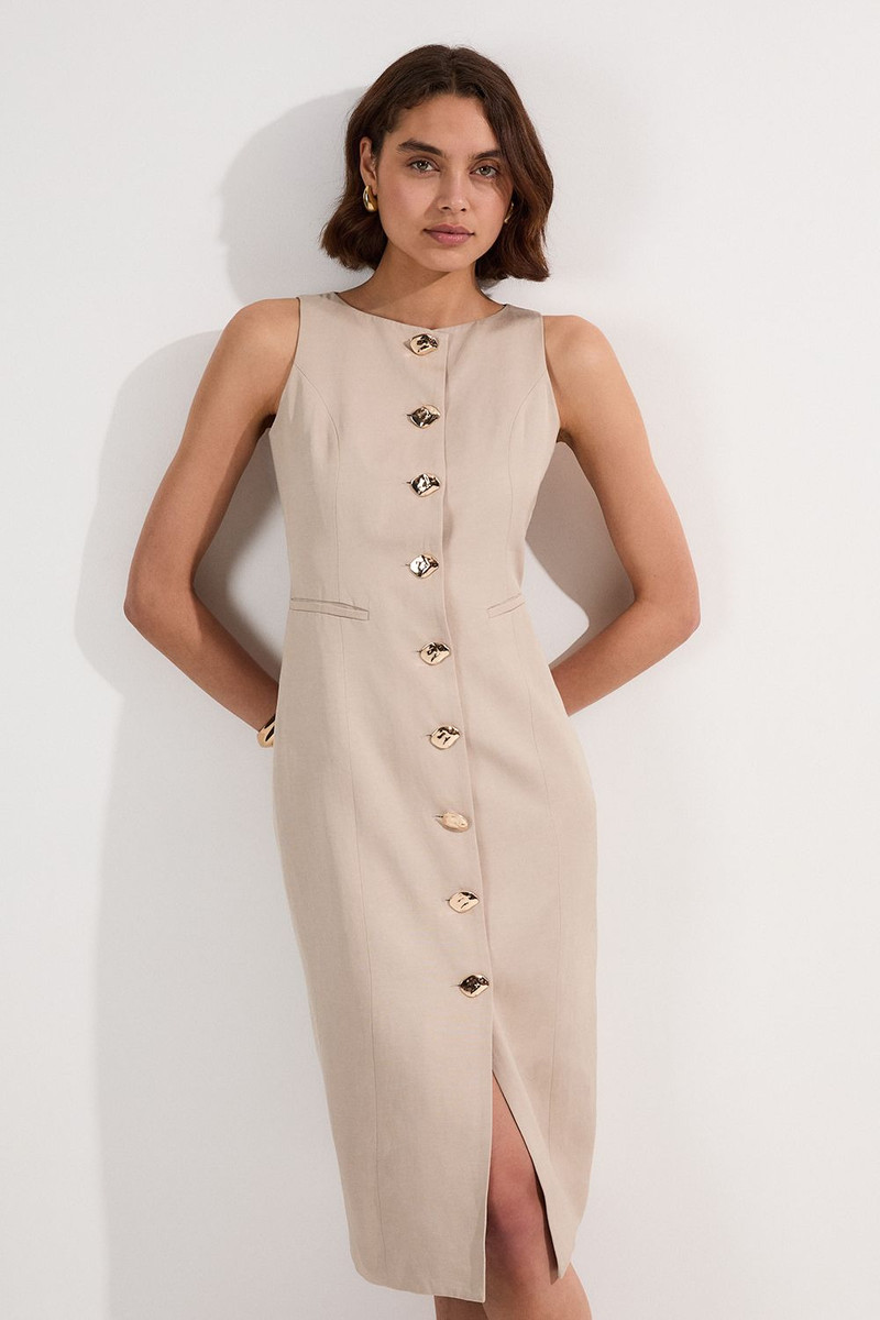 Petite Viscose Linen Tailored Statement Button Front Pencil Midi Dress 1