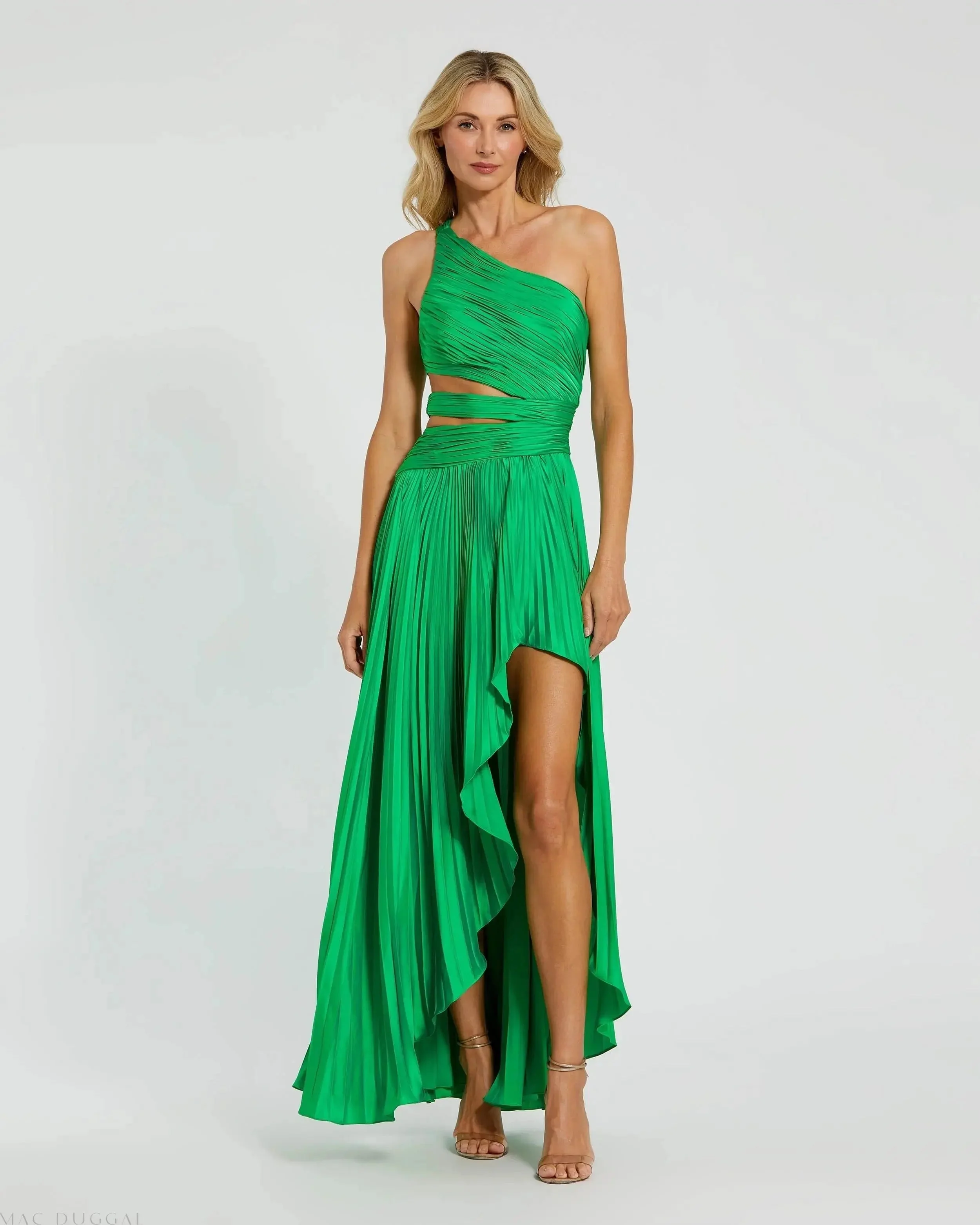 Green One Shoulder Pleated Charmeuse Gown with Slit - 1