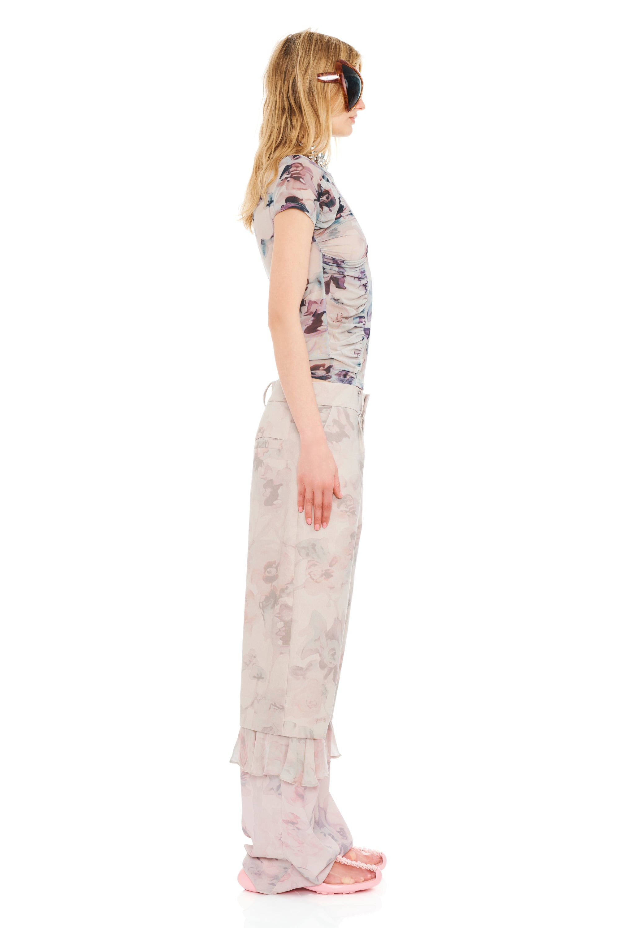 BEIGE WATERCOLOR ROSES SERPENTINE S/S TOP - 3