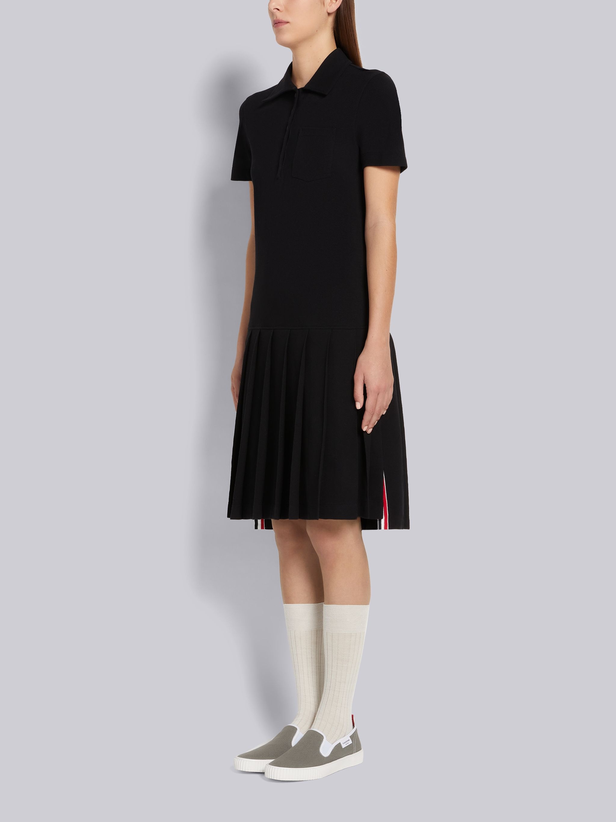 Black Classic Pique Short Sleeve Knee Length Pleated Polo Dress - 2