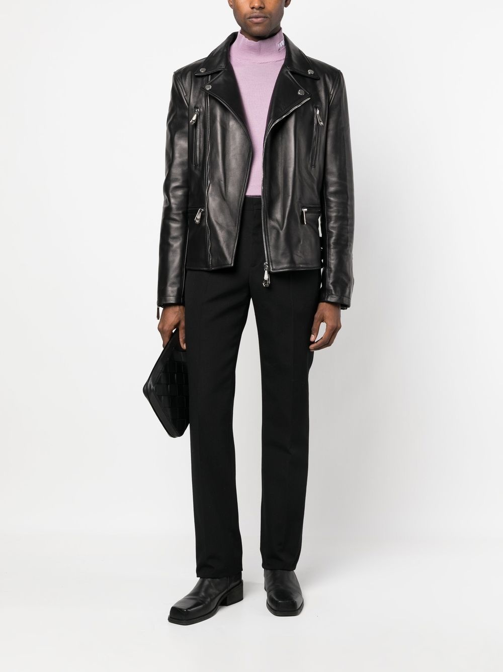 rear logo-plaque leather jacket - 2