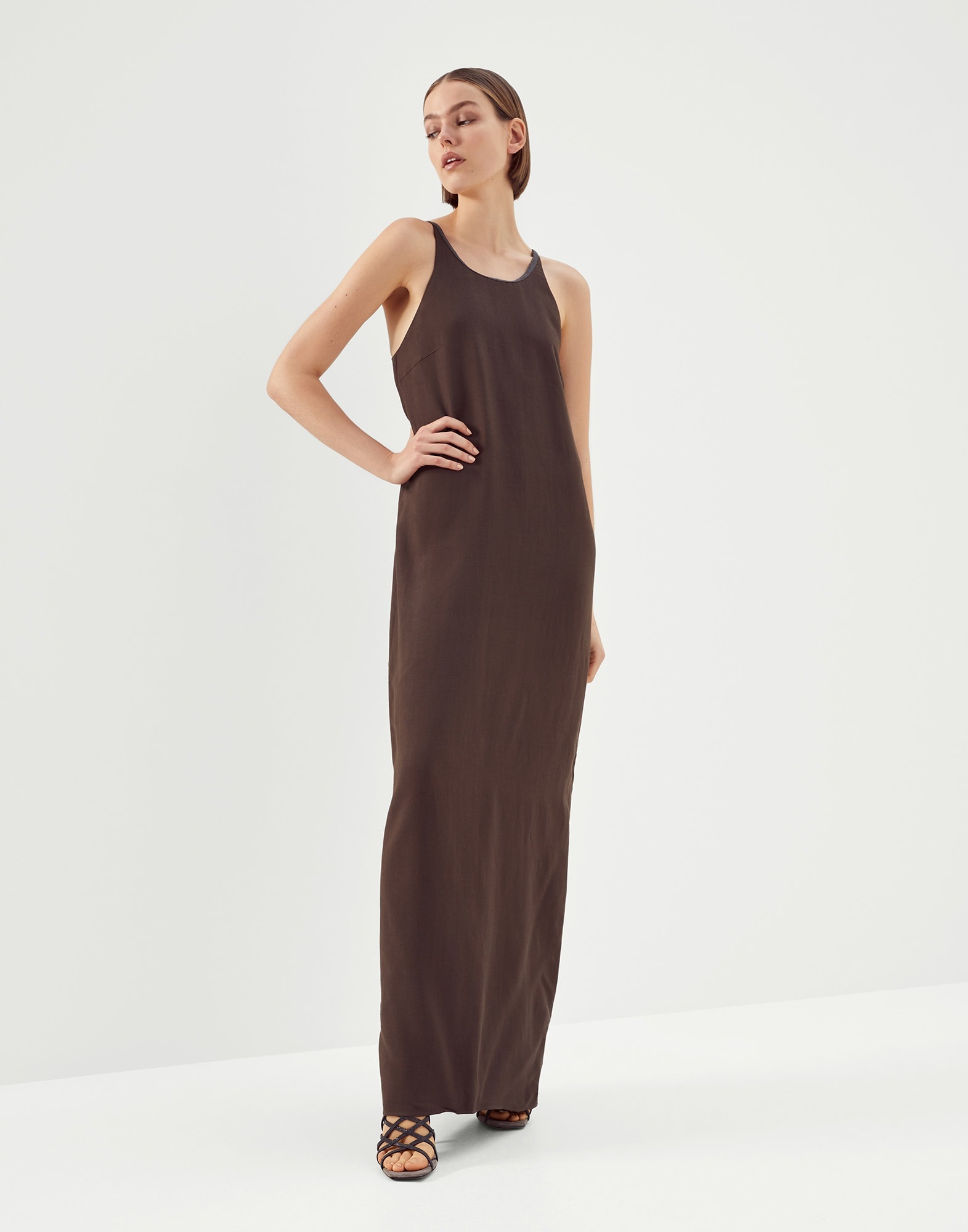 Viscose and linen fluid twill dress with precious neckline - 1