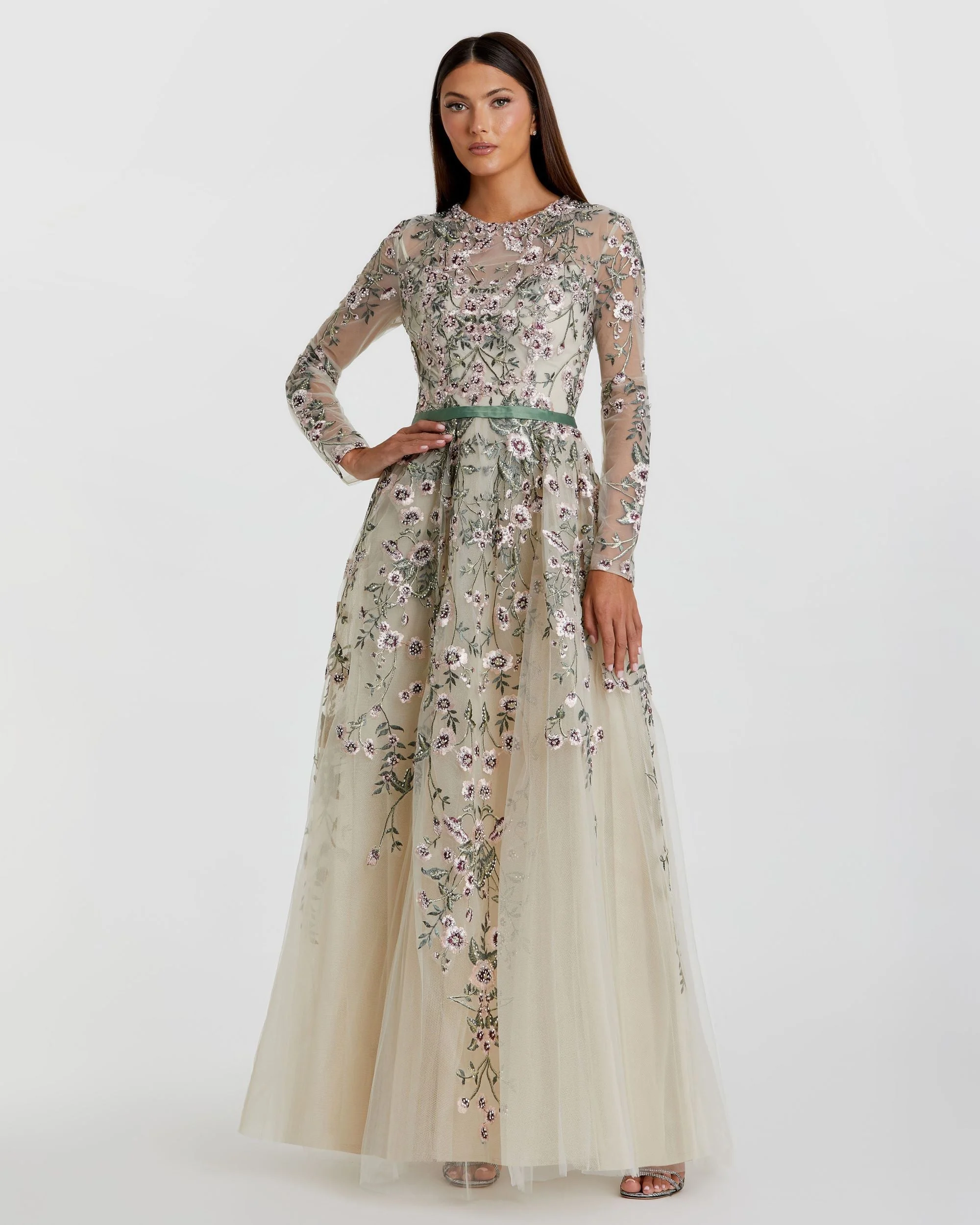 Ivory Long Sleeve Floral Embellished A-Line Gown - 1