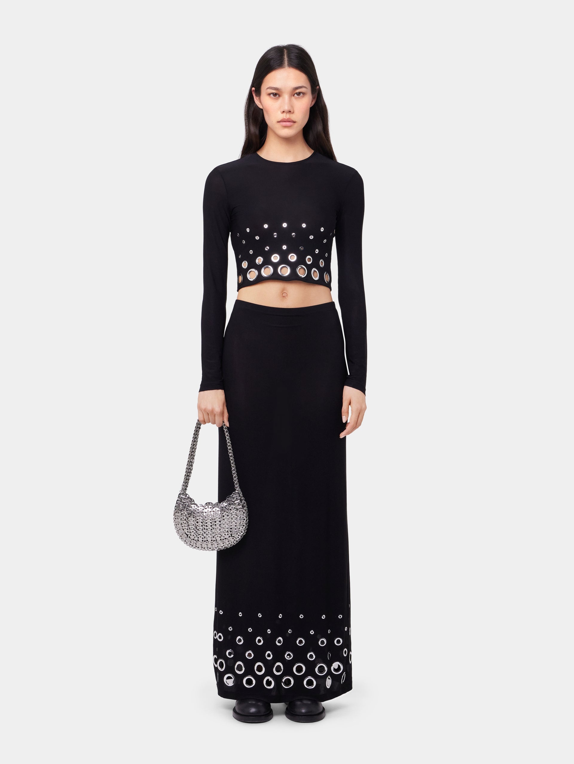 BLACK LONG SLEEVED CROP TOP IN JERSEY SECOND SKIN - 2