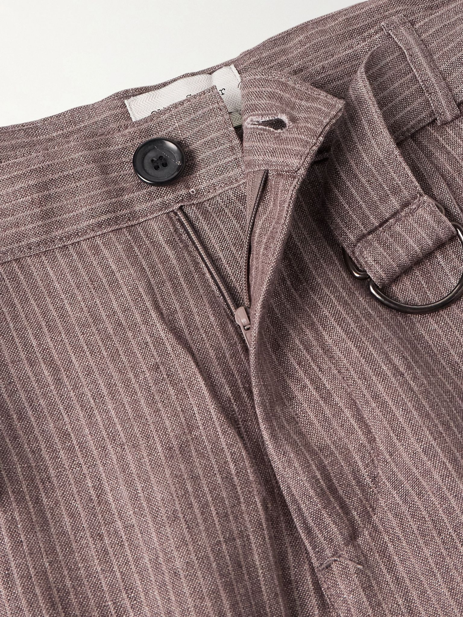 Wilkins Tapered Belted Pinstriped Linen Suit Trousers Brown - 6