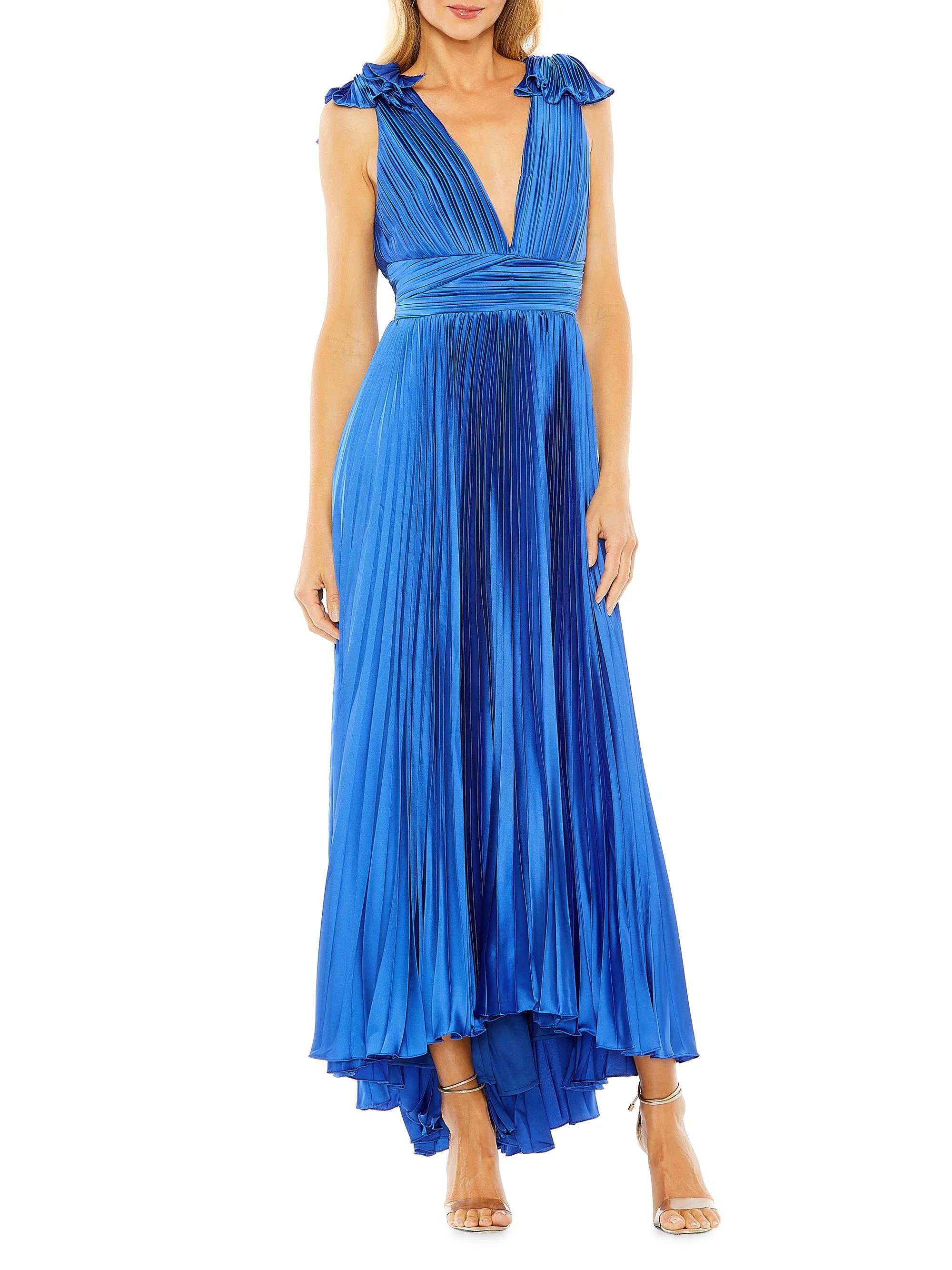 Women's Pleated Asymmetric Ruffled Gown - Cobalt - 1