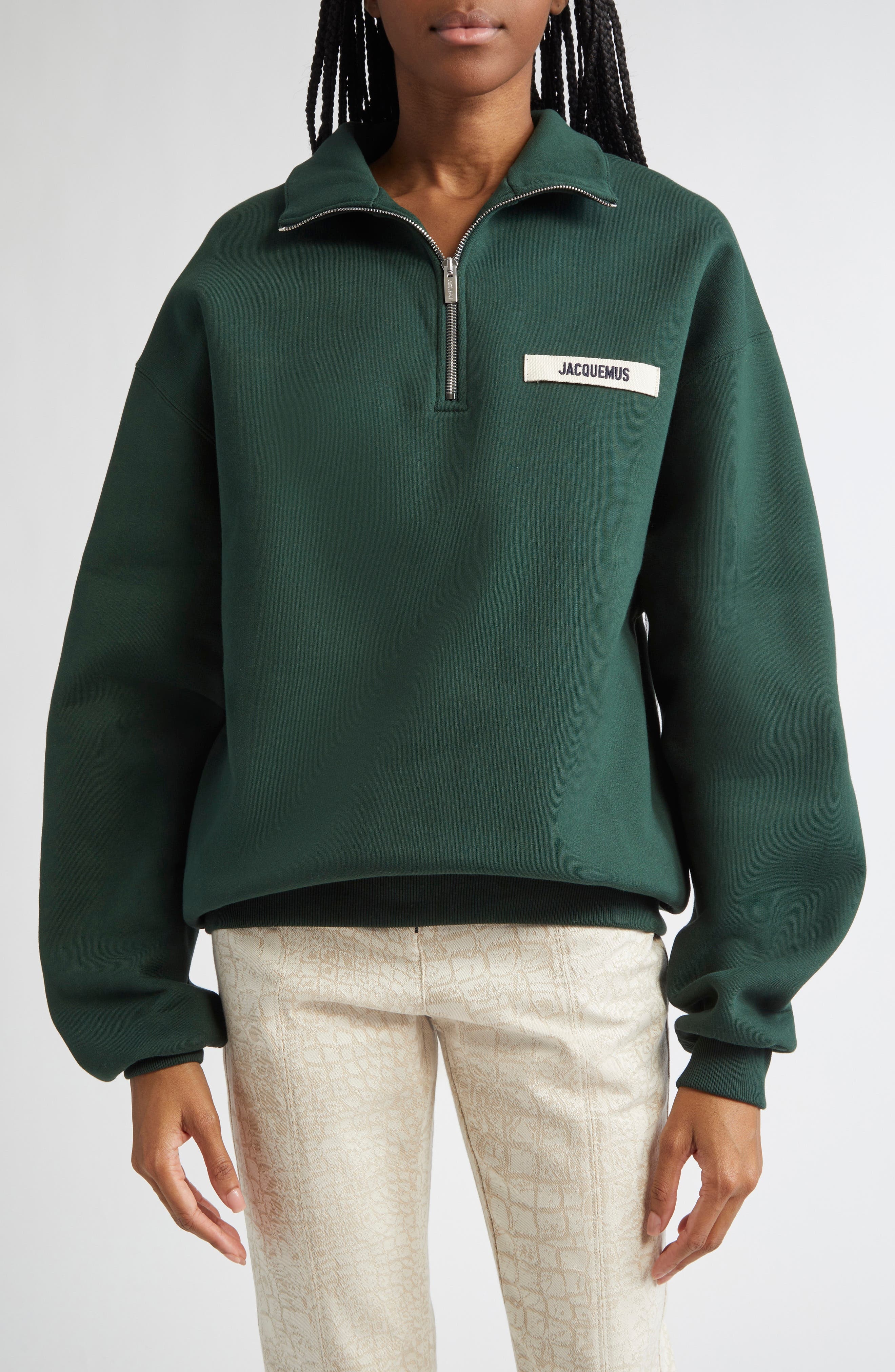 Jacquemus The Gros Grain Cotton Fleece Zip Sweatshirt in Dark Green at Nordstrom - 1