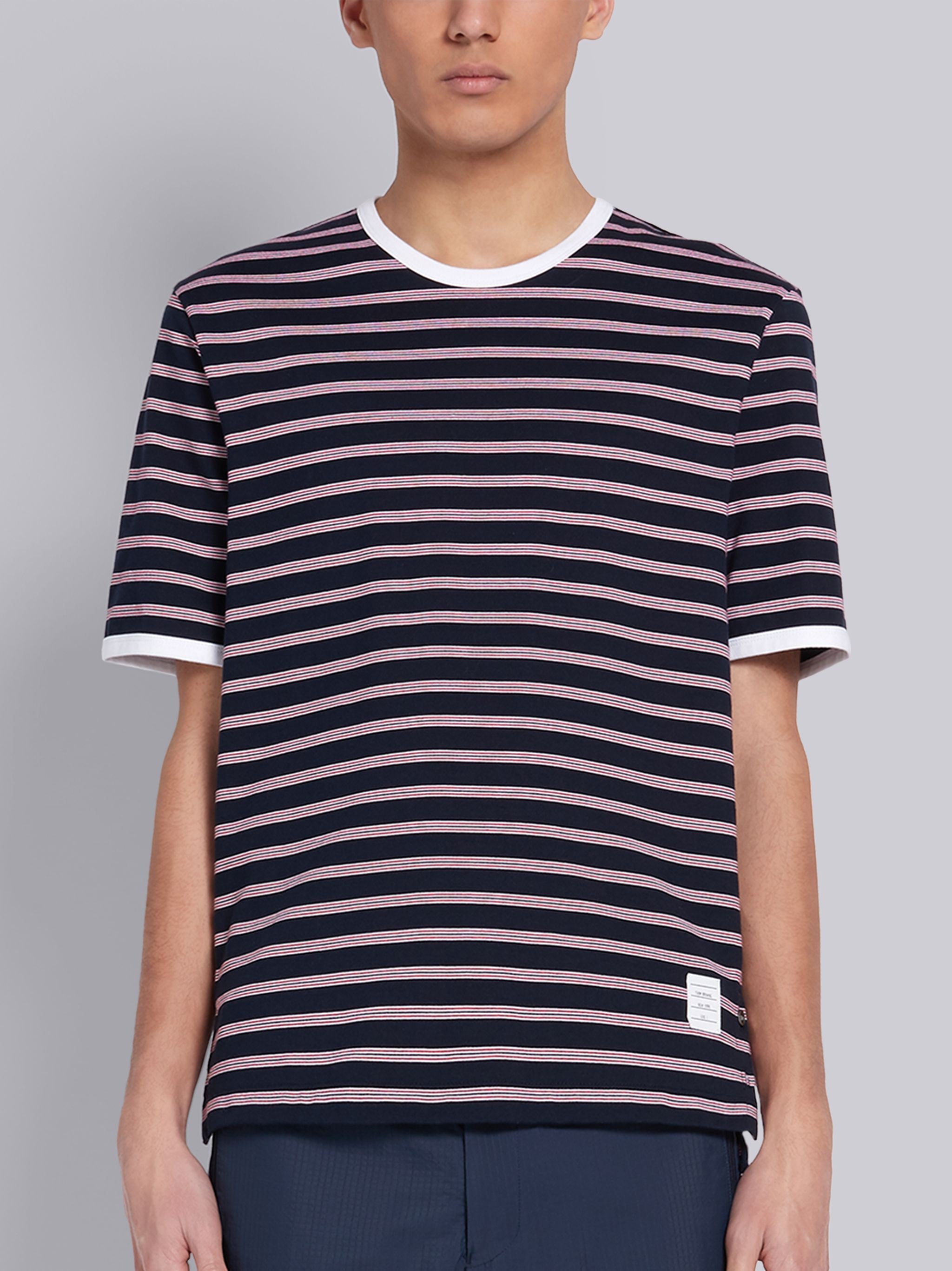 Navy Cotton Hairline Stripe Short Sleeve Ringer T-shirt - 1