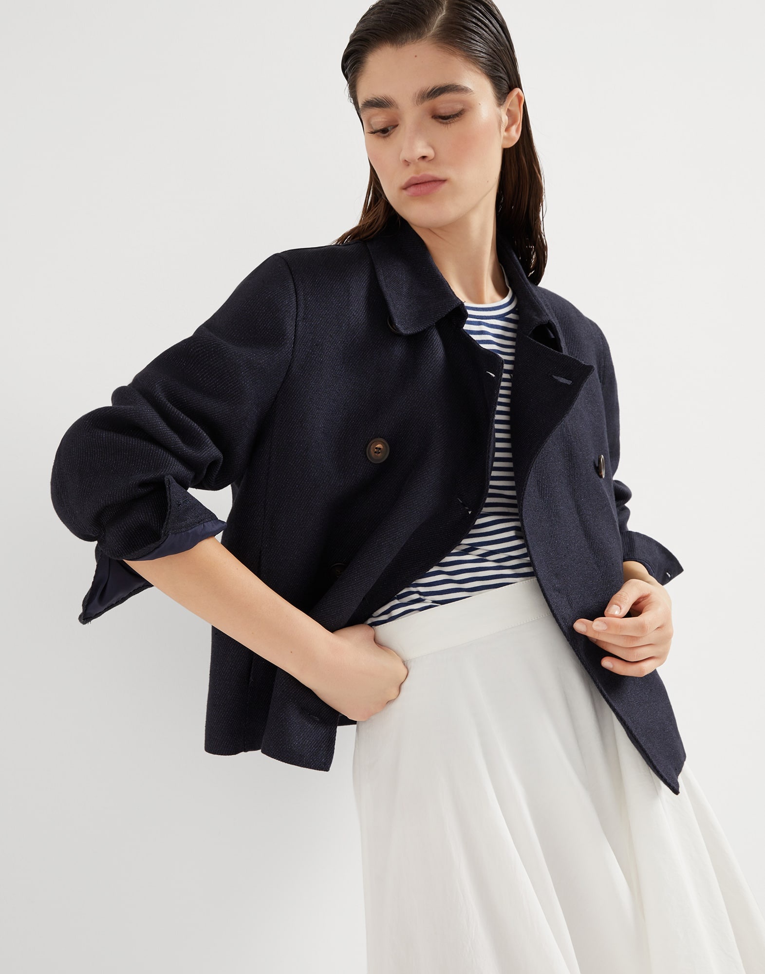 Linen cover cropped pea coat with monili - 4