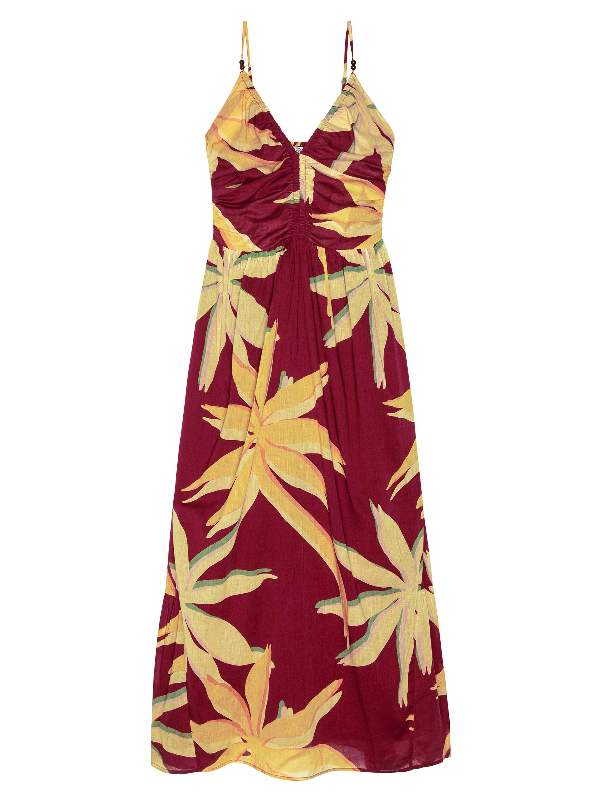 Women's Palm Printed Cotton Gathered Maxi Dress - Red Palma - 1
