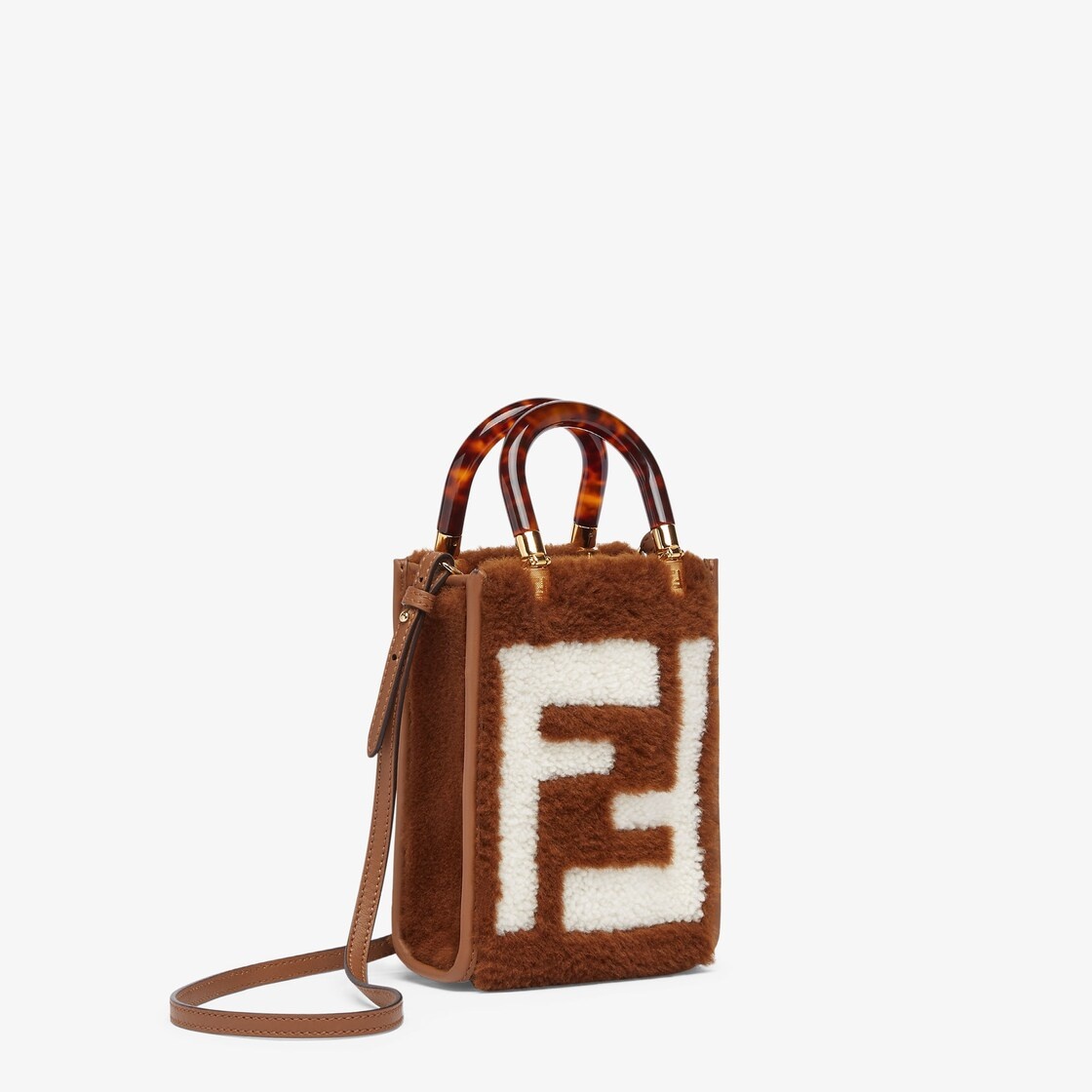 Mini Sunshine Shopper bag made of soft brown sheepskin with white FF inlay and stiff plexiglass tort - 2