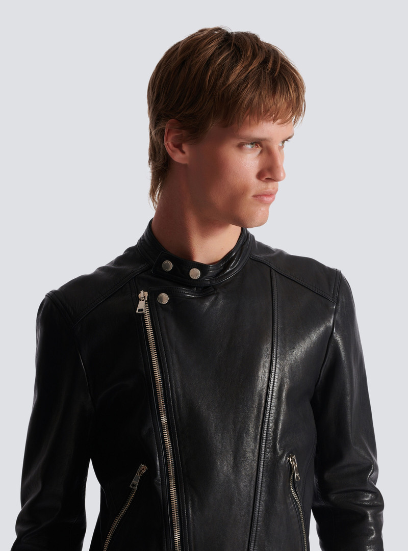 Zipped leather biker jacket 7