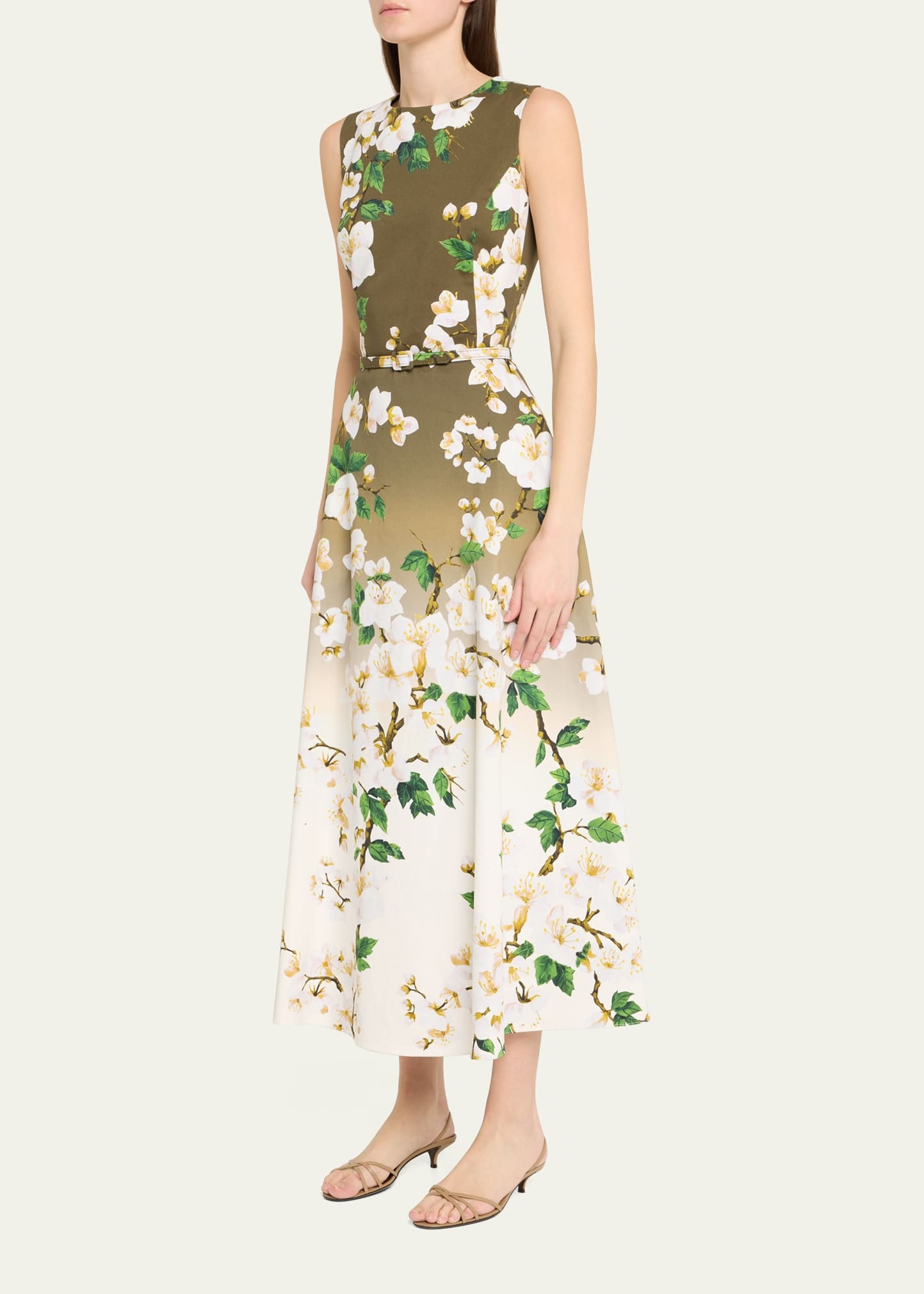 Sleeveless Ombre Cherry Blossom Tea-Length Dress With Belt - 4