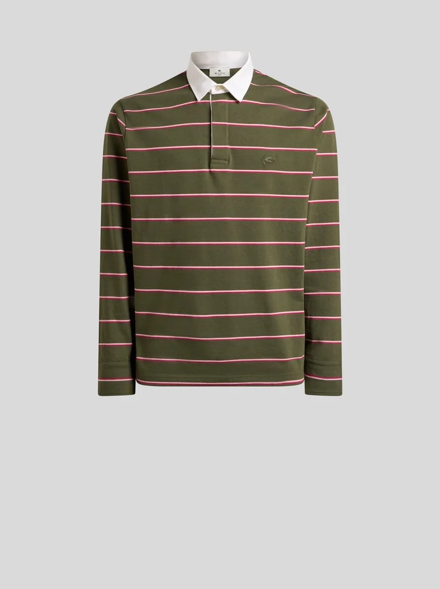 LONG-SLEEVED COTTON POLO SHIRT WITH SHIRT COLLAR AND STRIPED MOTIF - 1