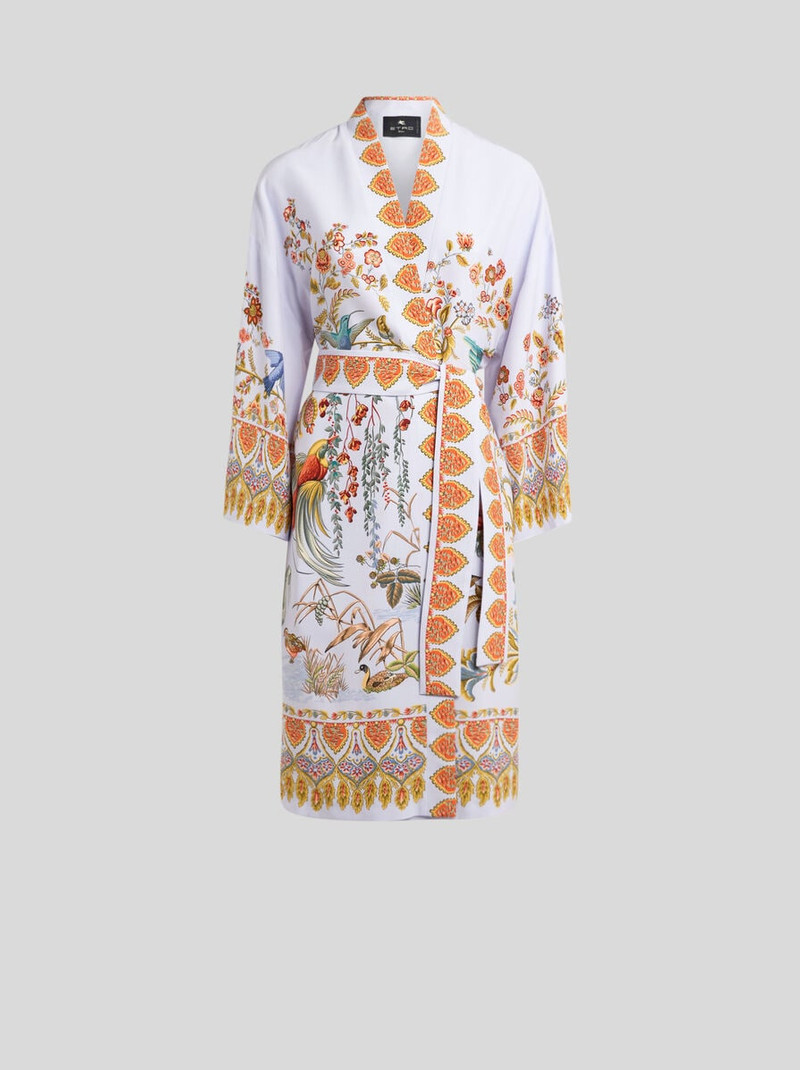 SILK KIMONO WITH PLACED FLORA AND FAUNA PRINT 1