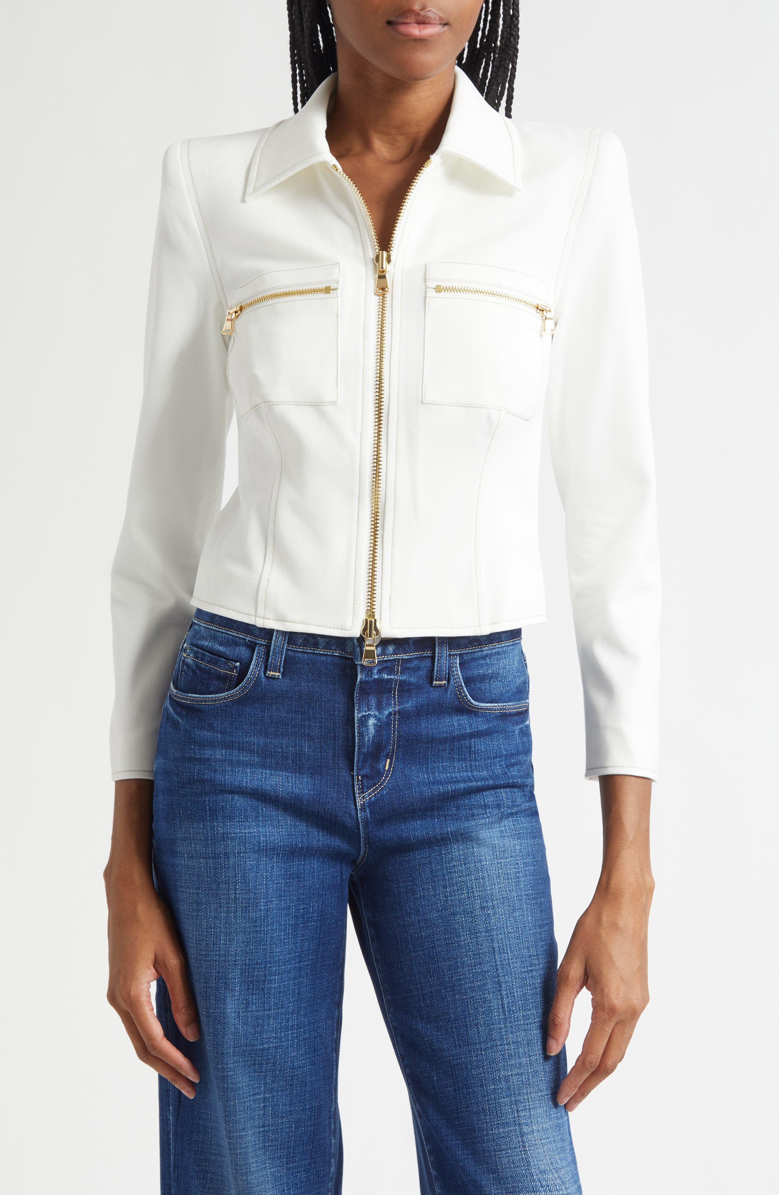 L'AGENCE Calianna Zip Front Jacket in White at Nordstrom - 1
