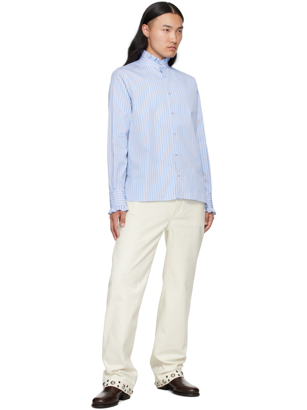Blue Striped Cotton Ruffle Shirt - 4