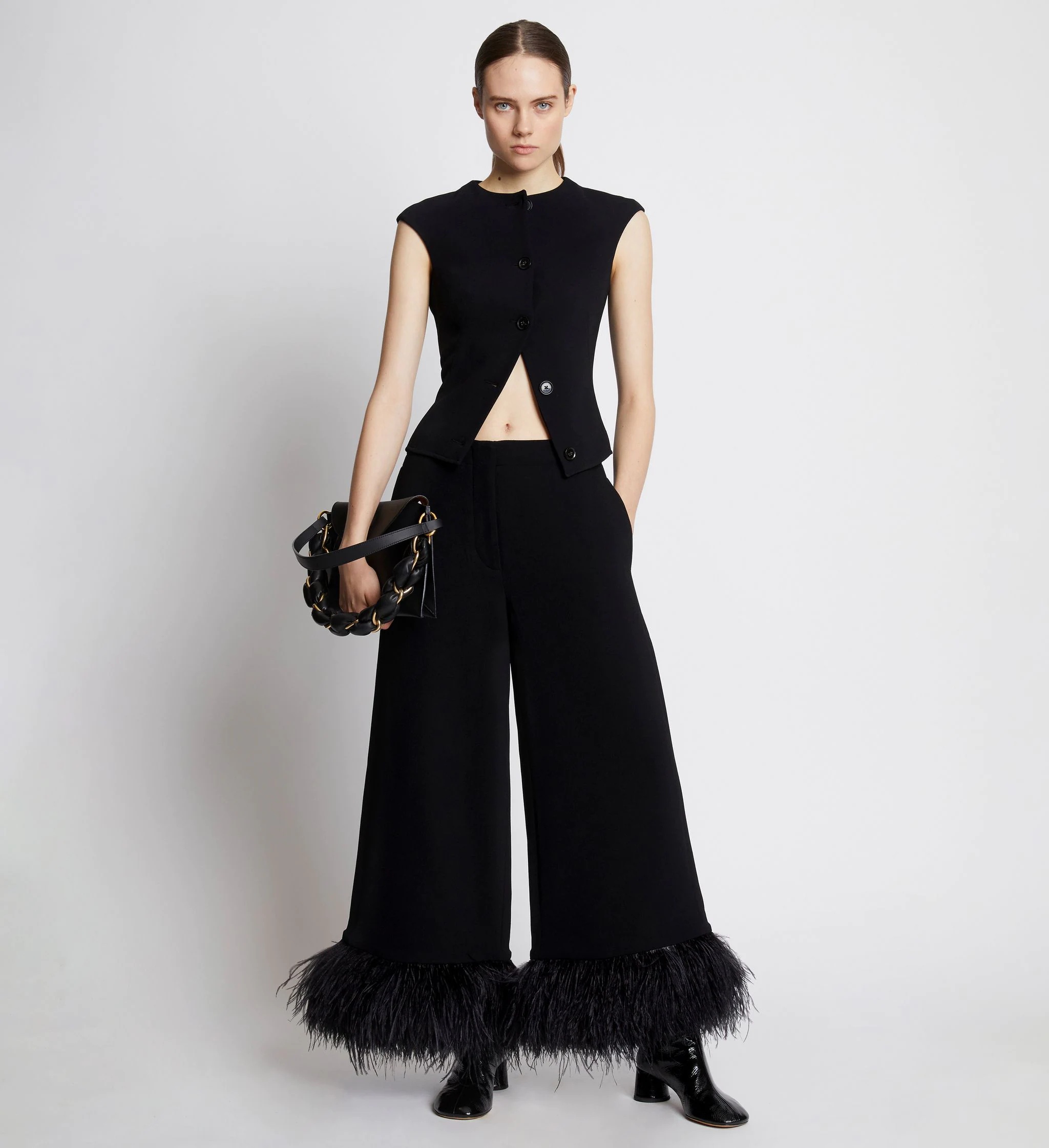 Bi-Stretch Crepe Feather Trim Pants - 2