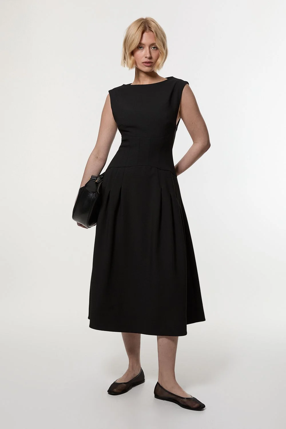 Compact Stretch Open Back Full Skirted Tailored Midi Dress - 1