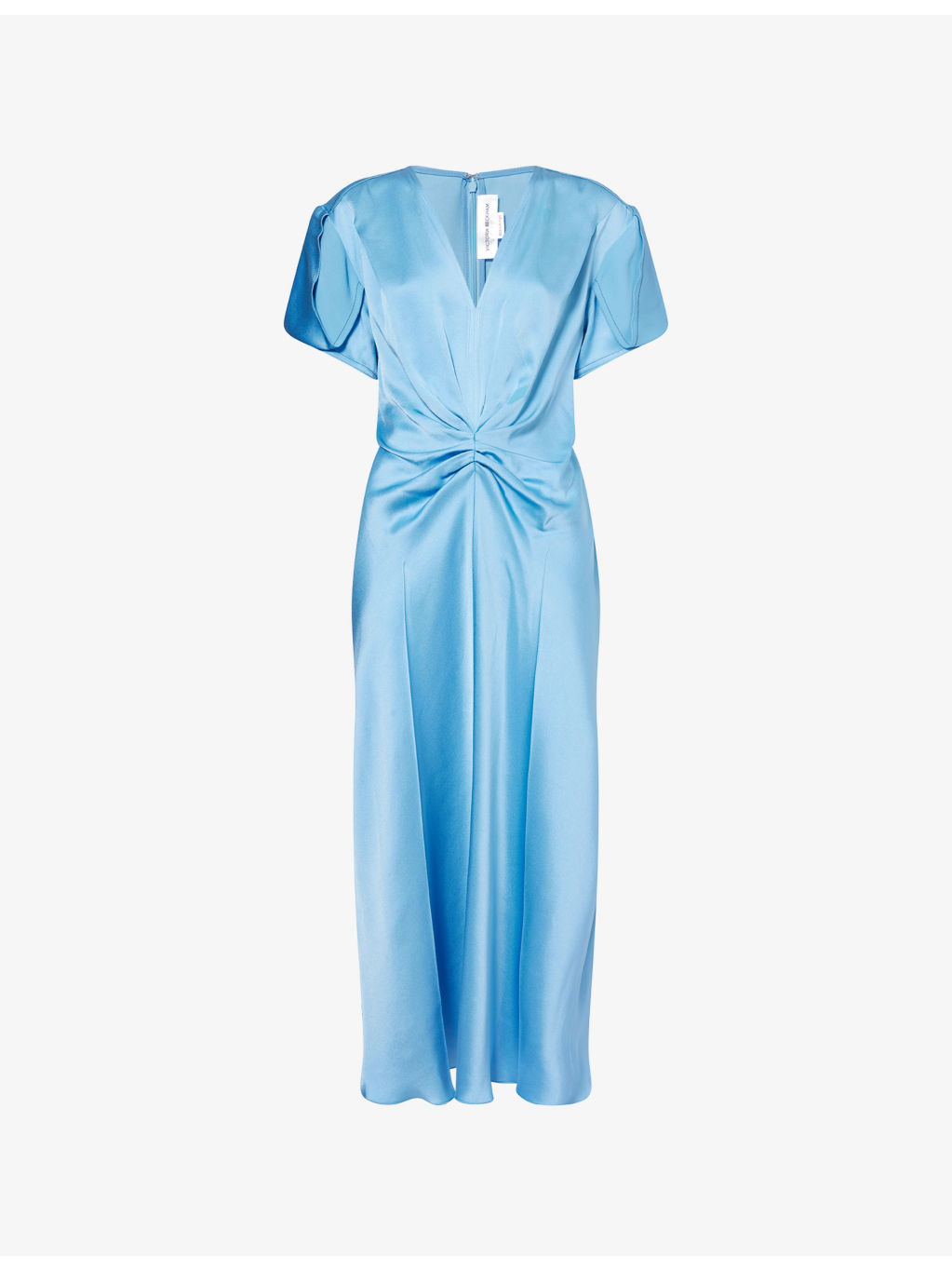 Draped Pleat V-Neck Satin Midi Dress - 1