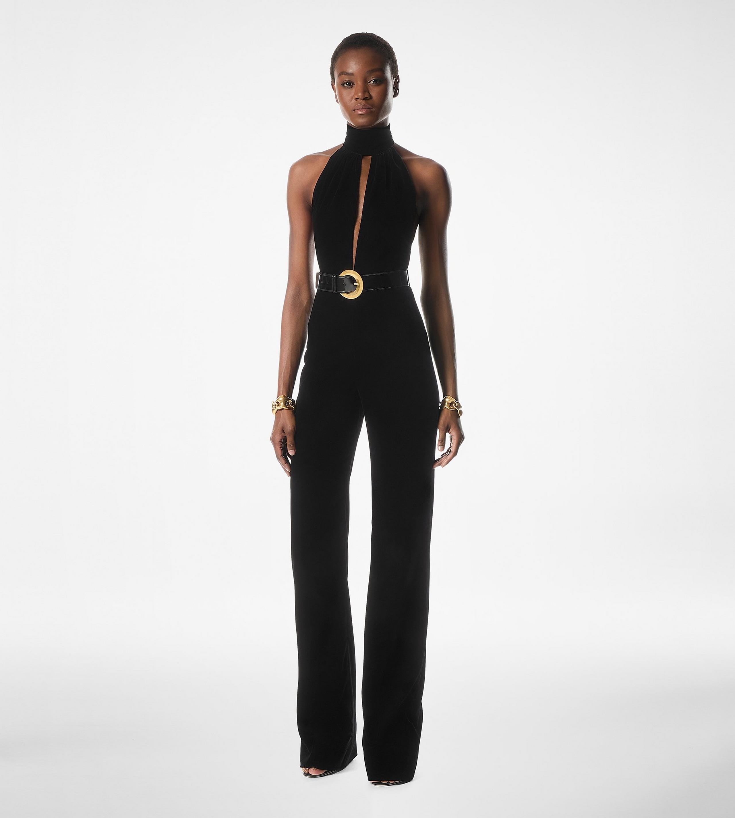 STRETCH VELVET BELTED JUMPSUIT - 4