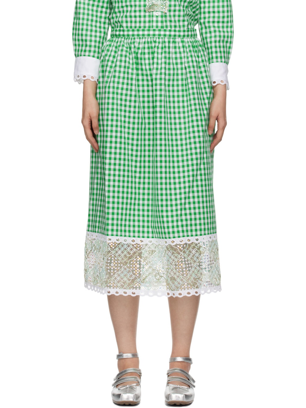 Green & White Gingham Midi Skirt - 1